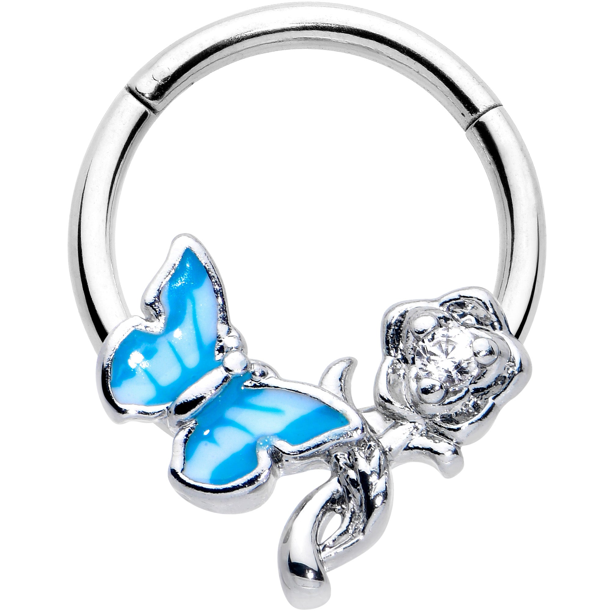 16G 3/8 Clear CZ Gem Butterfly Rose Blue Hinged Segment Ring