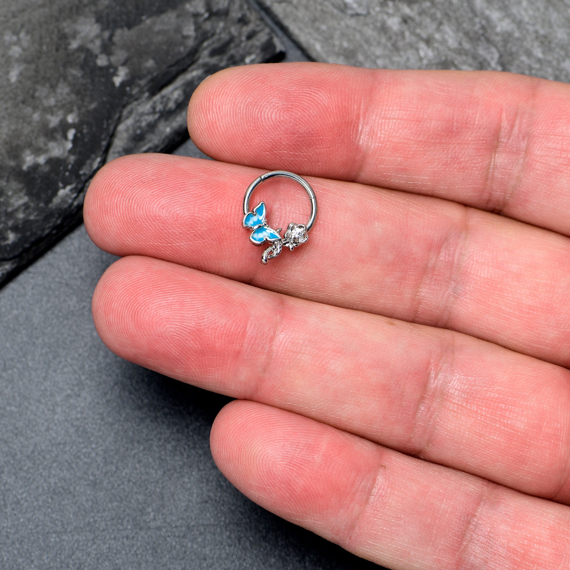 16G 3/8 Clear CZ Gem Butterfly Rose Blue Hinged Segment Ring