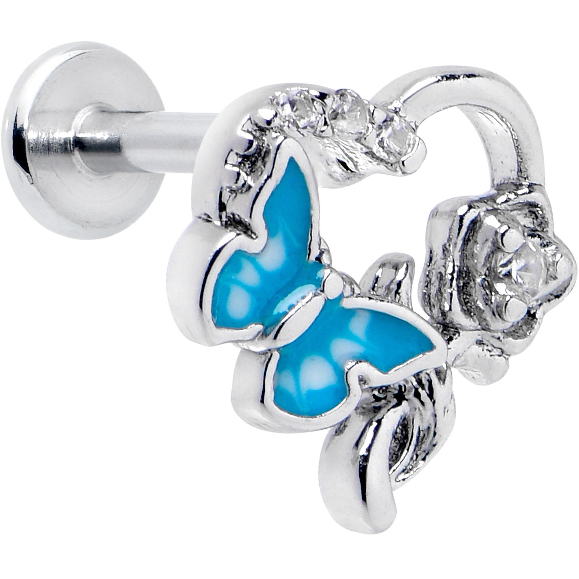 16G 5/16 Clear CZ Gem Butterfly Rose Blue Internally Threaded Labret