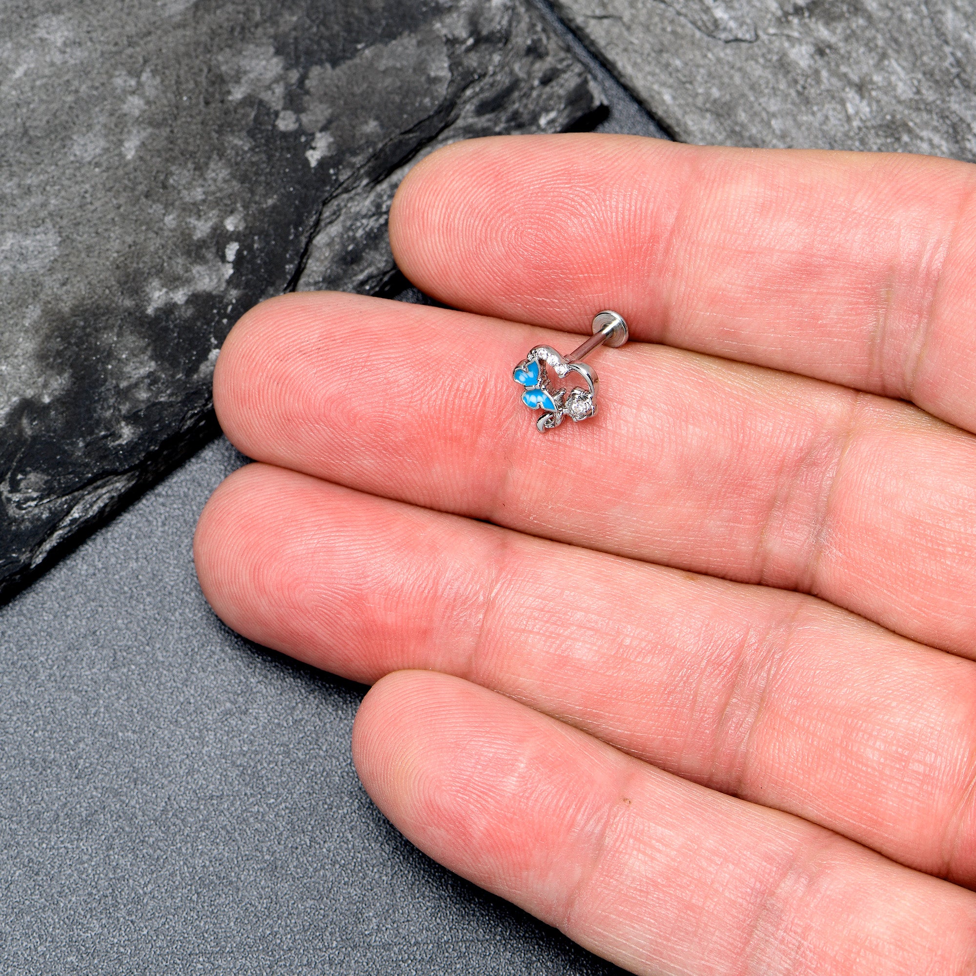 16G 5/16 Clear CZ Gem Butterfly Rose Blue Internally Threaded Labret