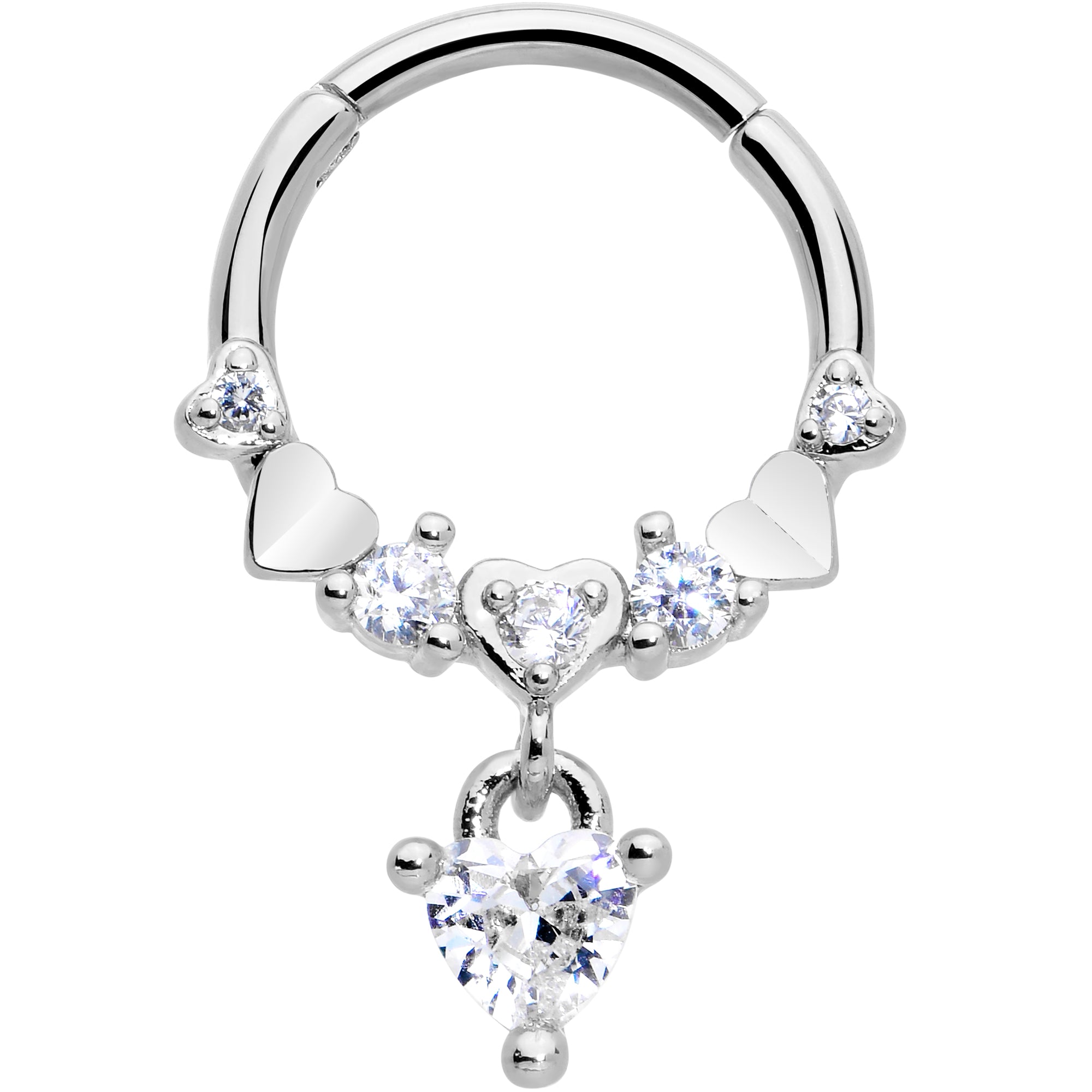 16G 3/8 Clear CZ Gem Love Heart Dangle Hinged Segment Ring