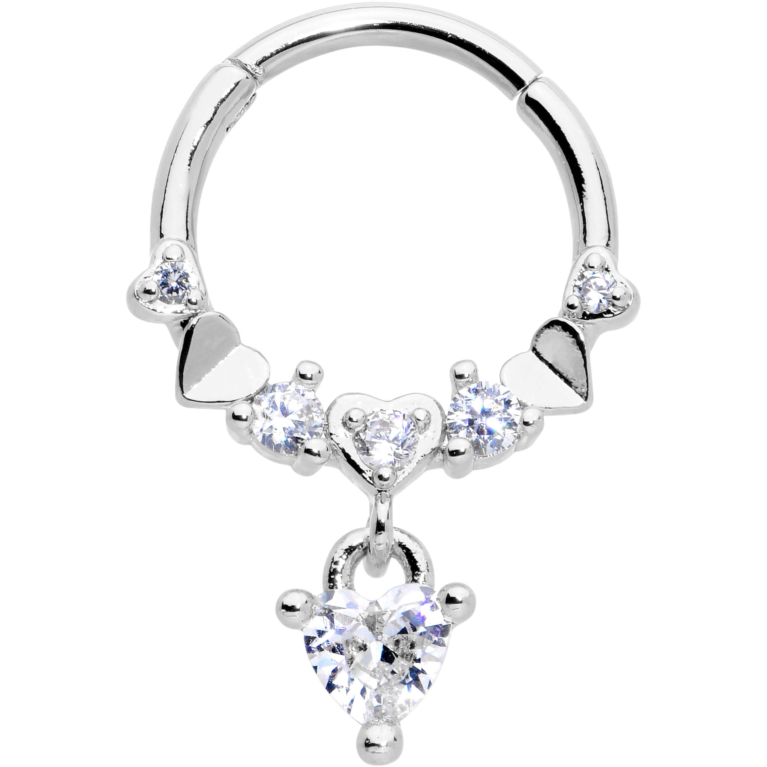 16G 3/8 Clear CZ Gem Love Heart Dangle Hinged Segment Ring