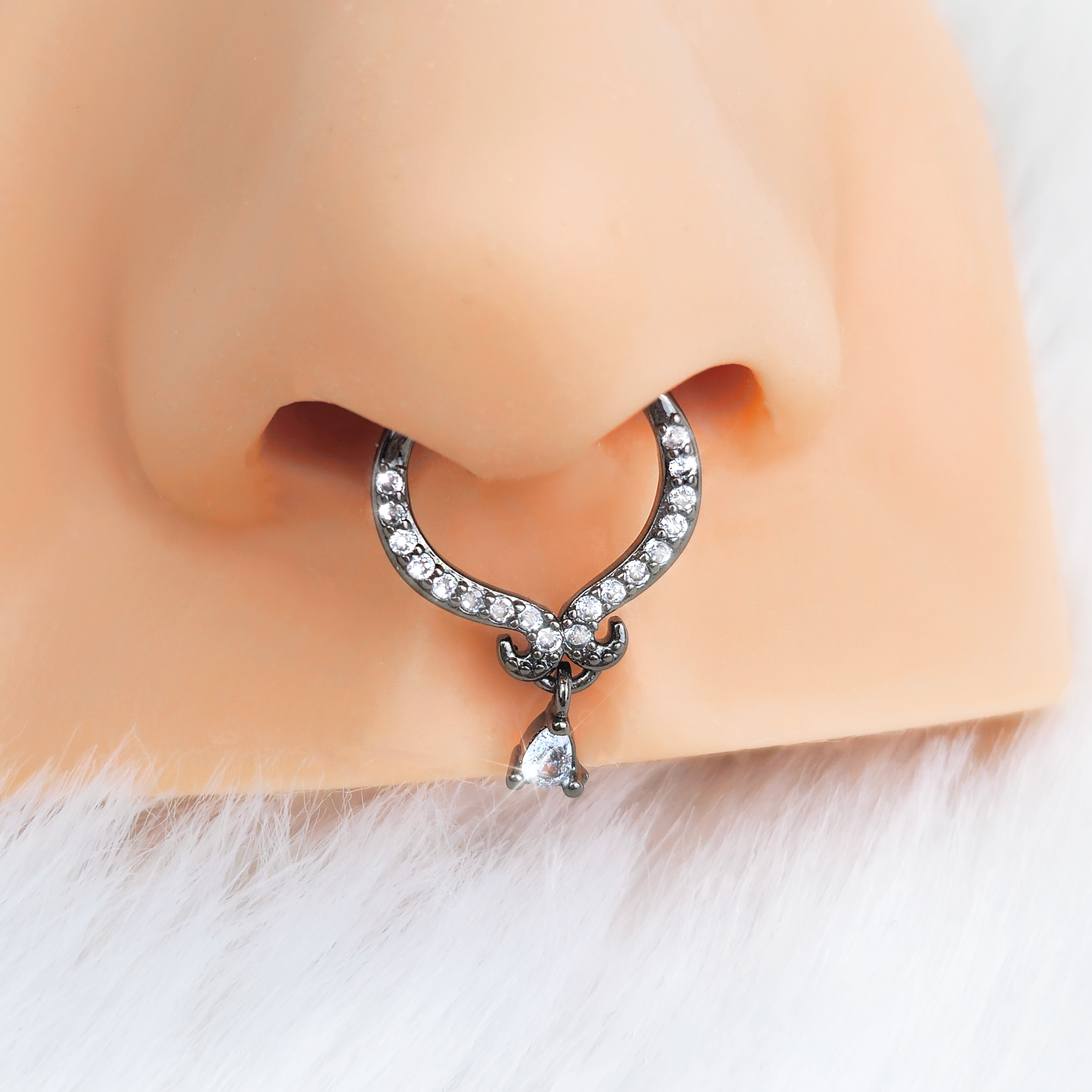 16G 3/8 Clear CZ Gem Black Elegant Curves Hinged Segment Ring