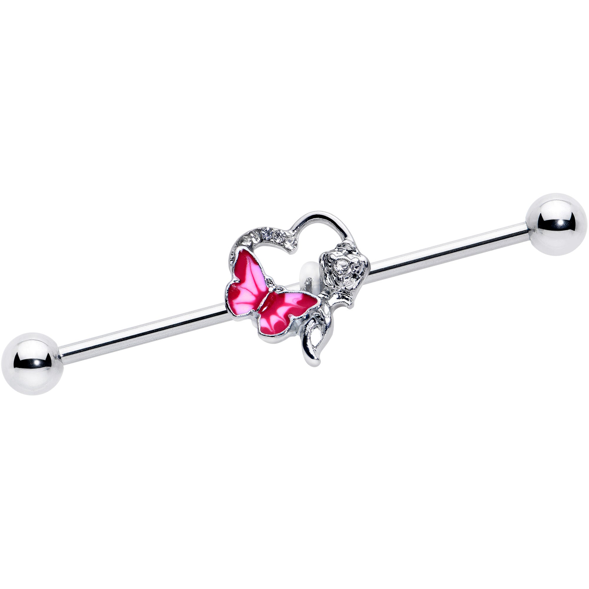 14G Clear Gem Butterfly Rose Flower Pink Industrial Barbell 38mm