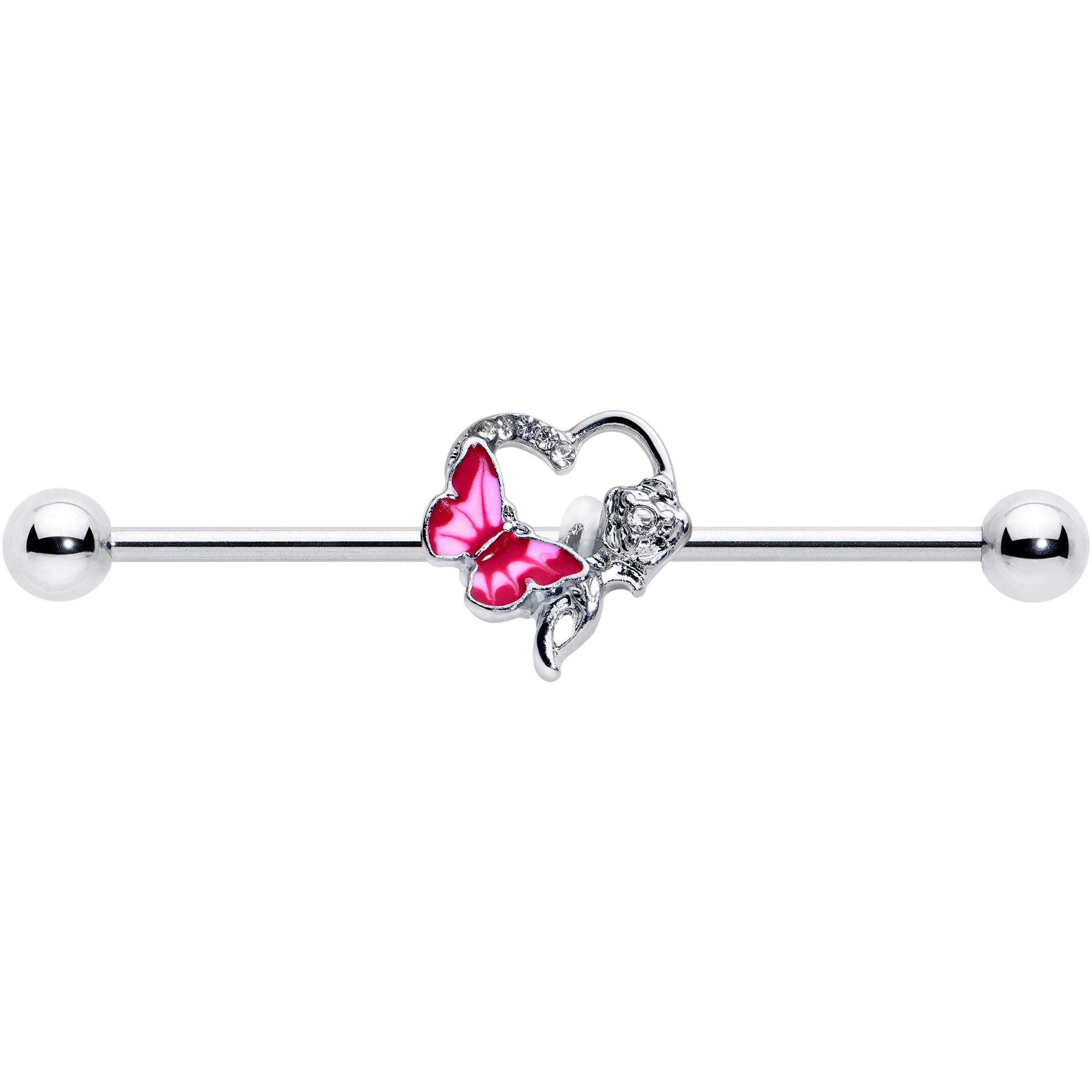 14G Clear Gem Butterfly Rose Flower Pink Industrial Barbell 38mm