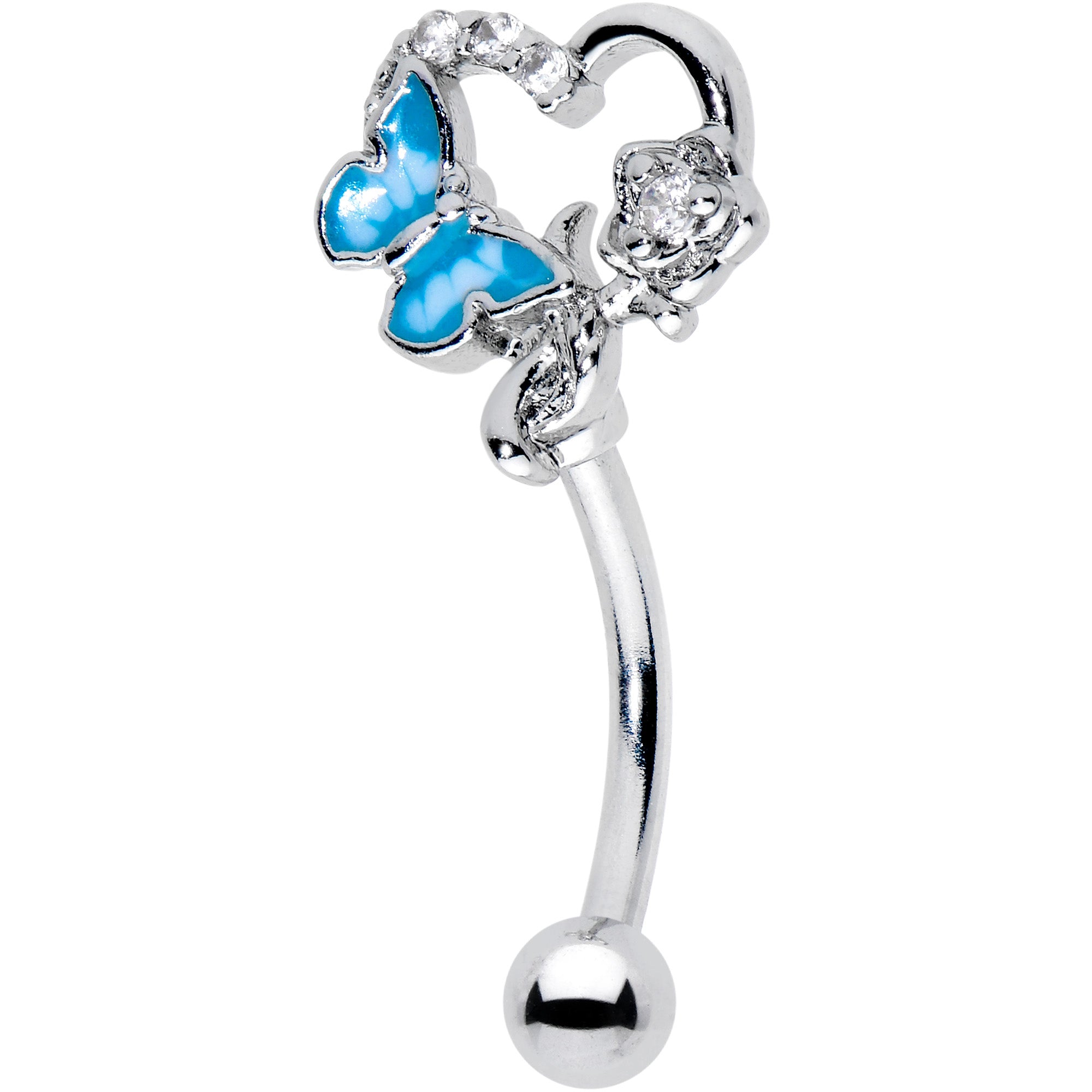 16G 5/16 Clear Gem Butterfly Rose Flower Blue Curved Eyebrow Ring