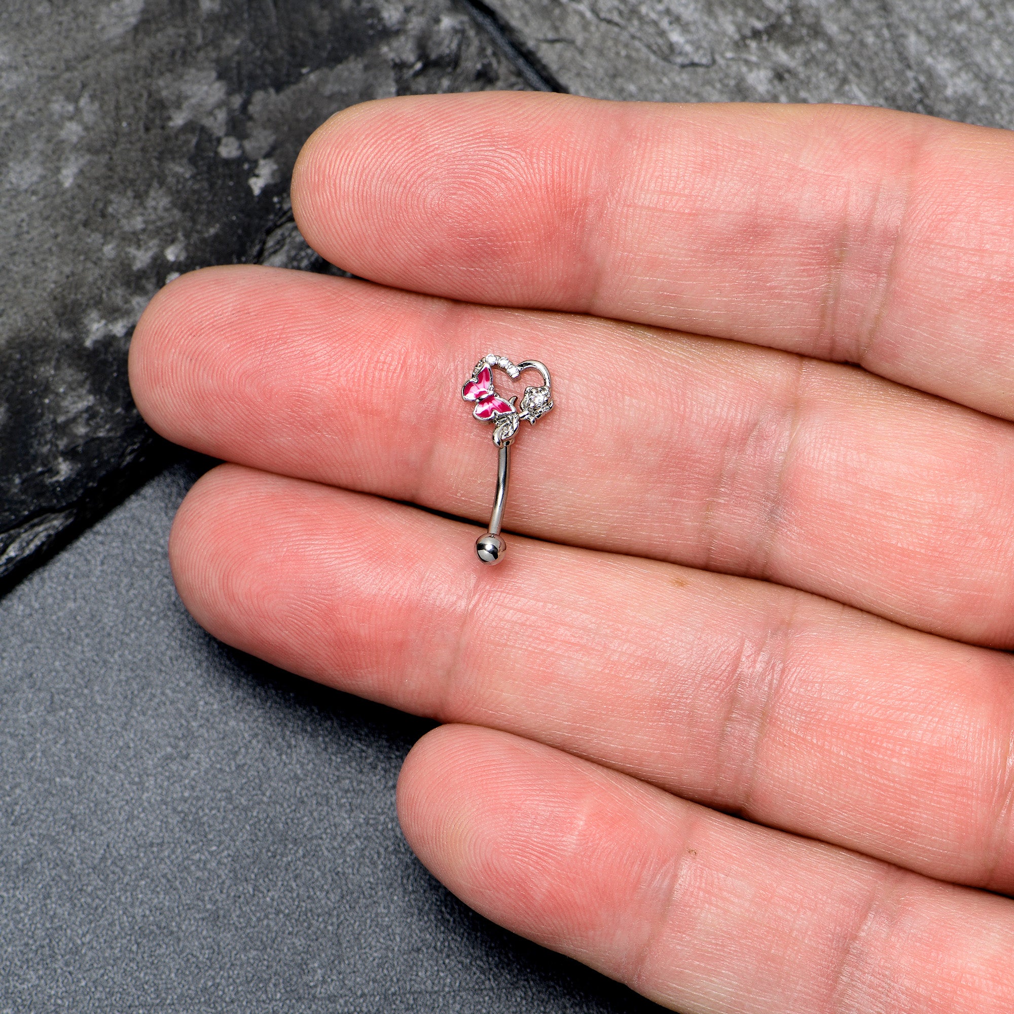 16G 5/16 Clear Gem Butterfly Rose Flower Pink Curved Eyebrow Ring