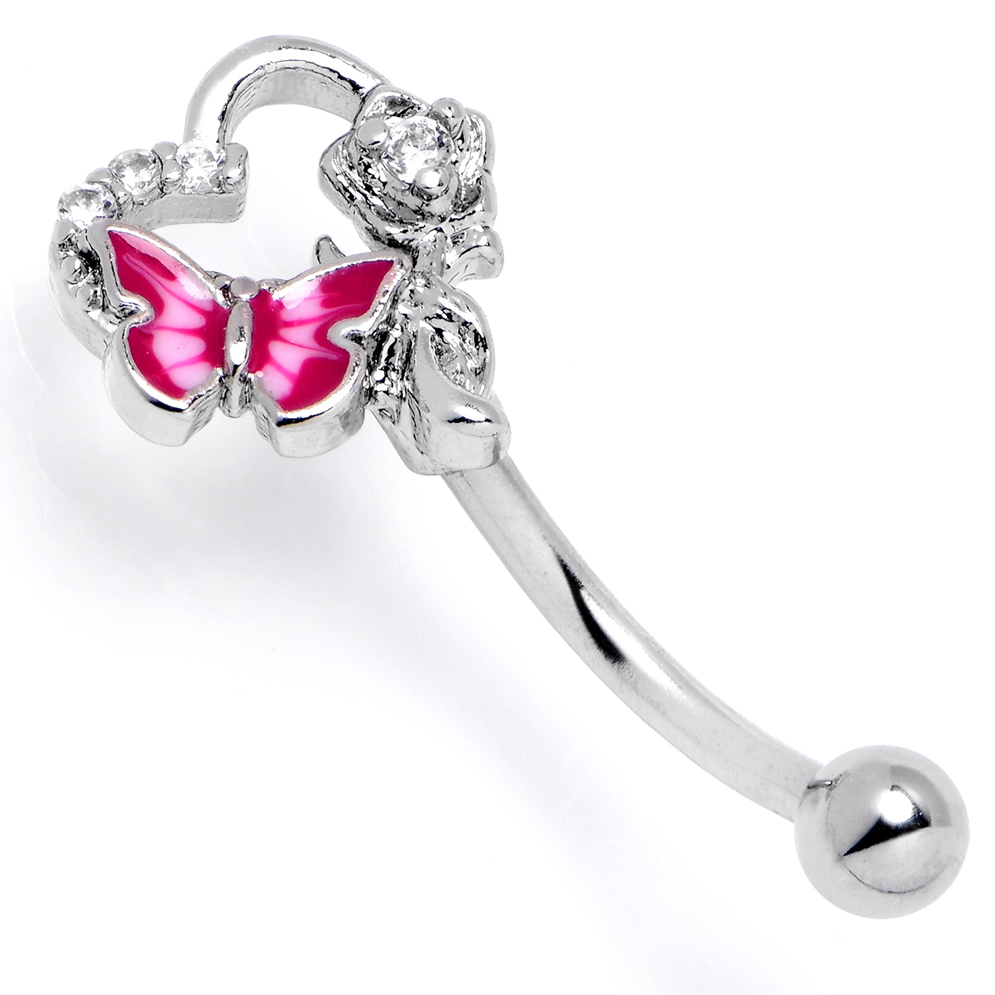 16G 5/16 Clear Gem Butterfly Rose Flower Pink Curved Eyebrow Ring