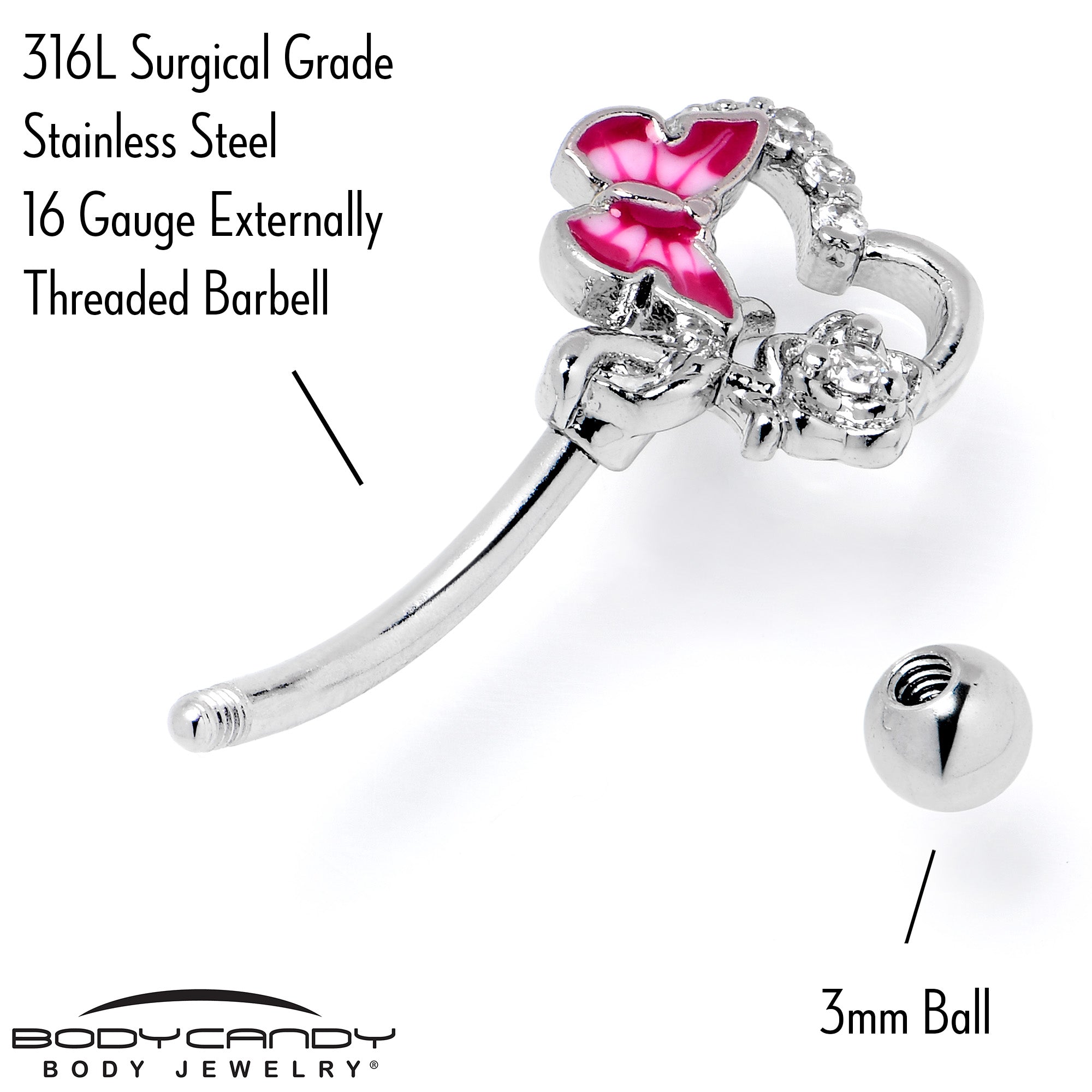 16G 5/16 Clear Gem Butterfly Rose Flower Pink Curved Eyebrow Ring