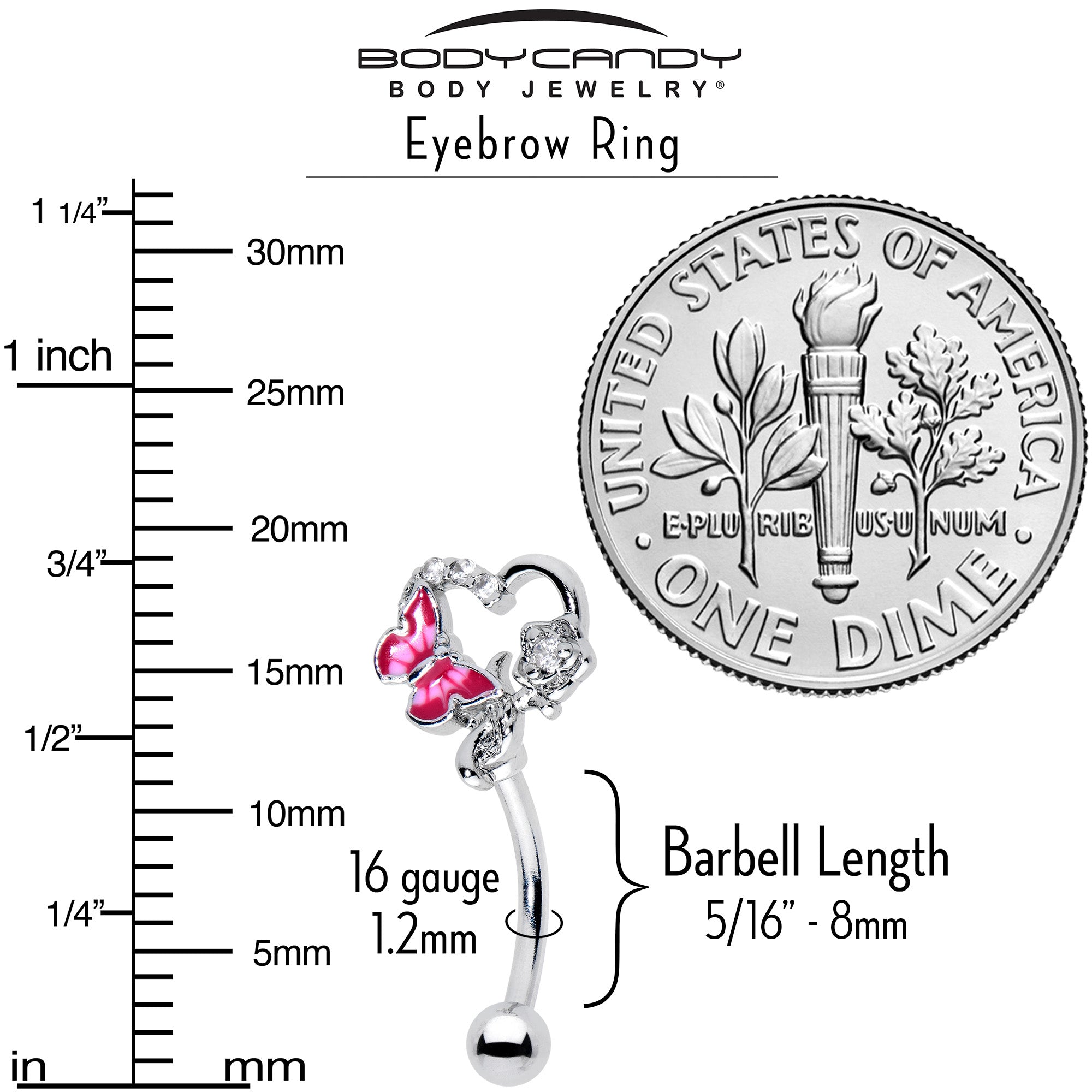 16G 5/16 Clear Gem Butterfly Rose Flower Pink Curved Eyebrow Ring