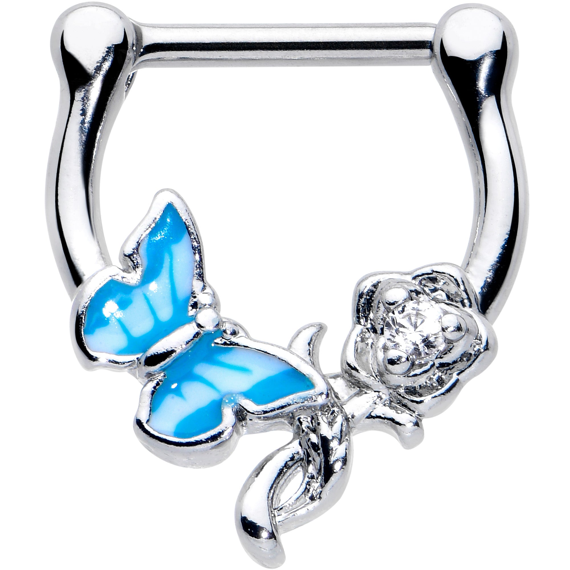 16G 5/6 Clear Gem Butterfly Rose Flower Blue Cartilage Clicker