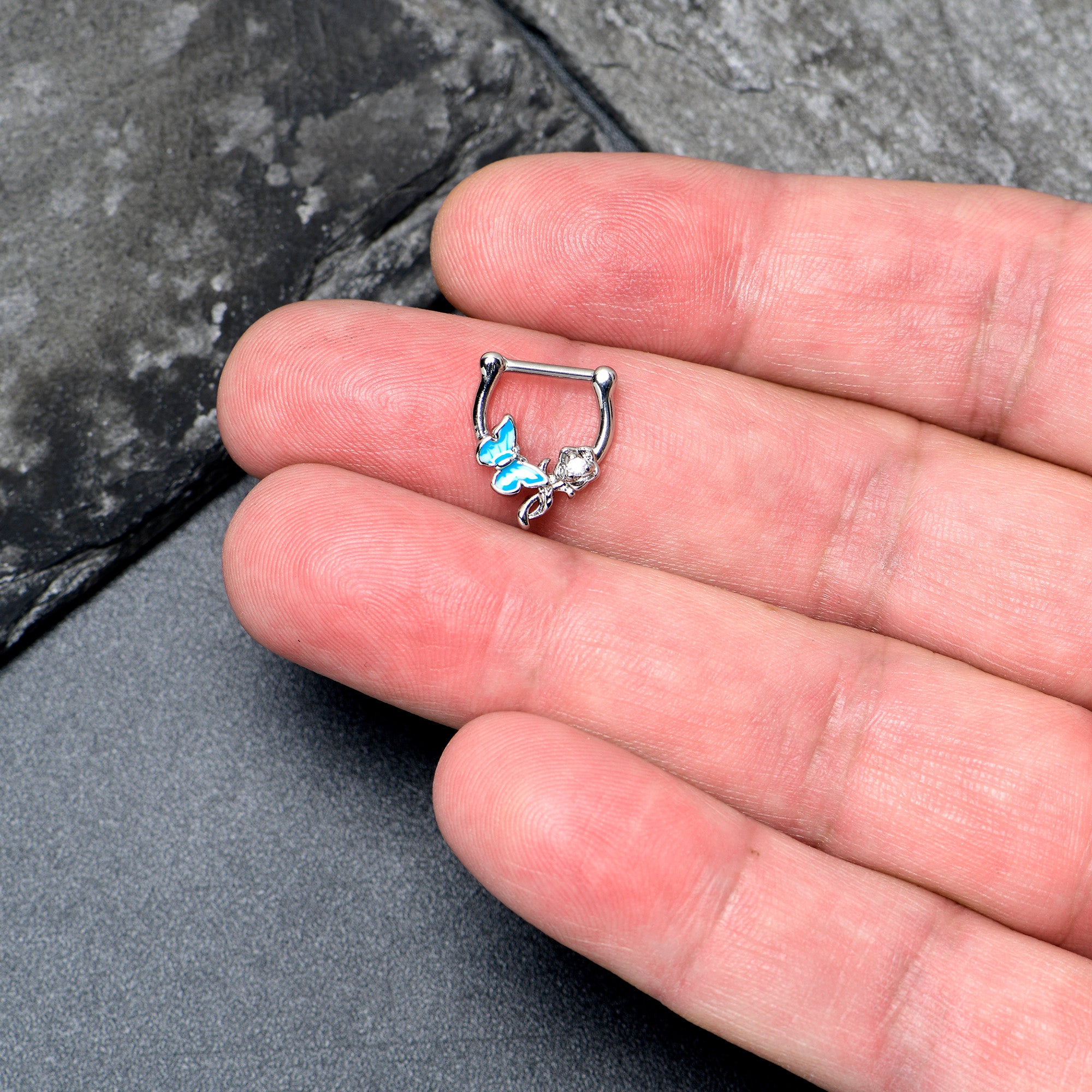 16G 5/6 Clear Gem Butterfly Rose Flower Blue Cartilage Clicker