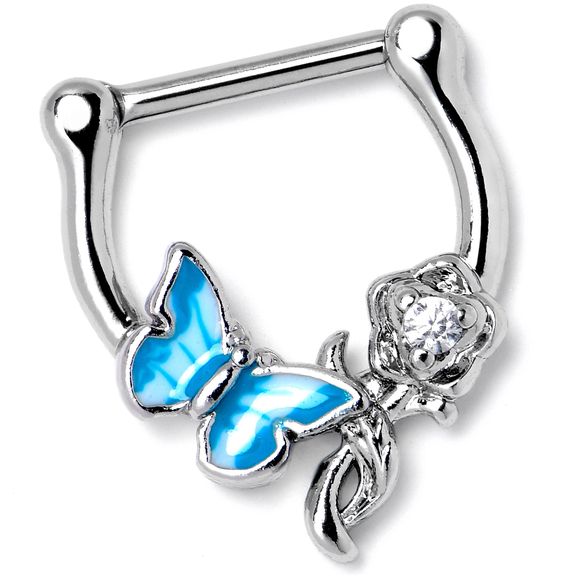 16G 5/6 Clear Gem Butterfly Rose Flower Blue Cartilage Clicker