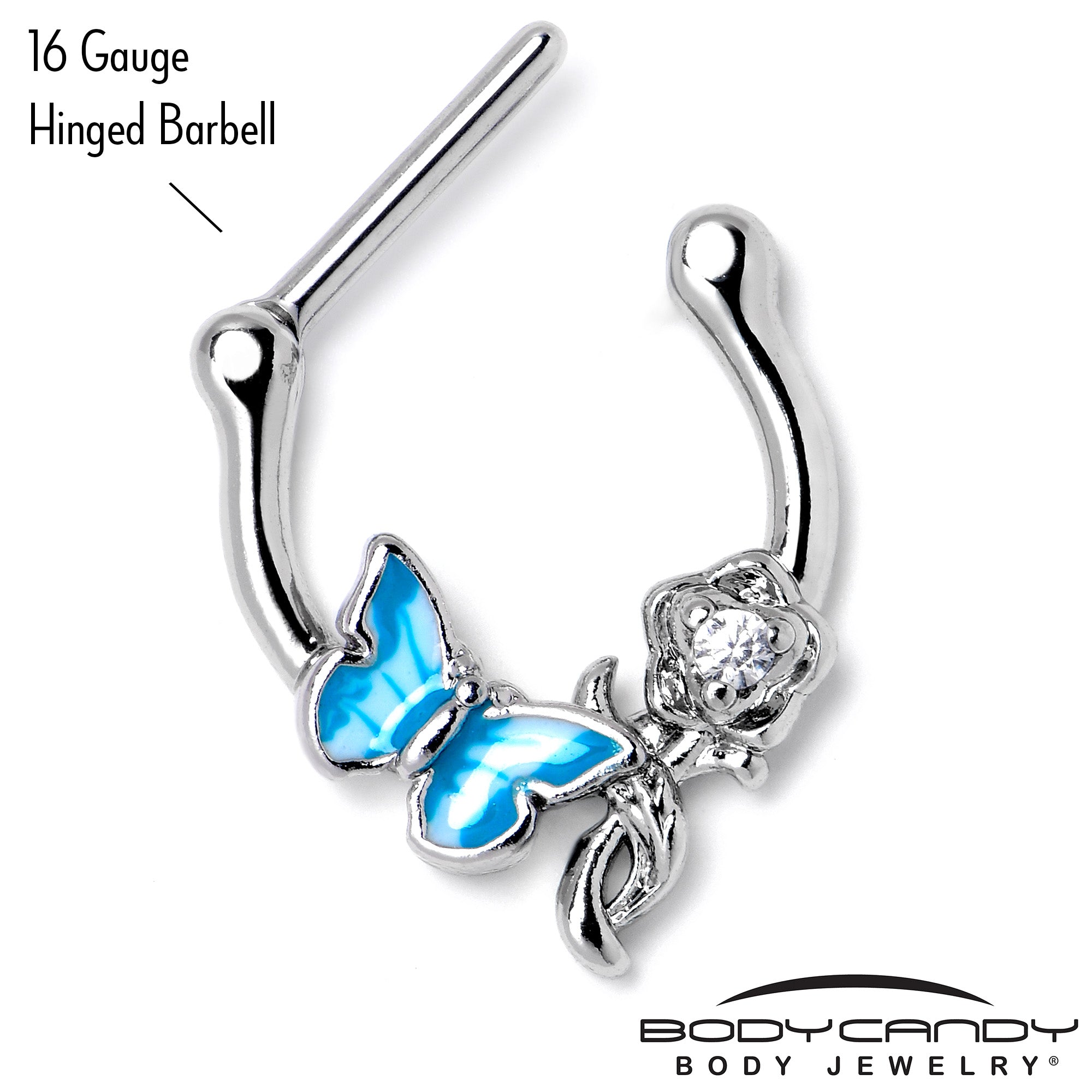 16G 5/6 Clear Gem Butterfly Rose Flower Blue Cartilage Clicker