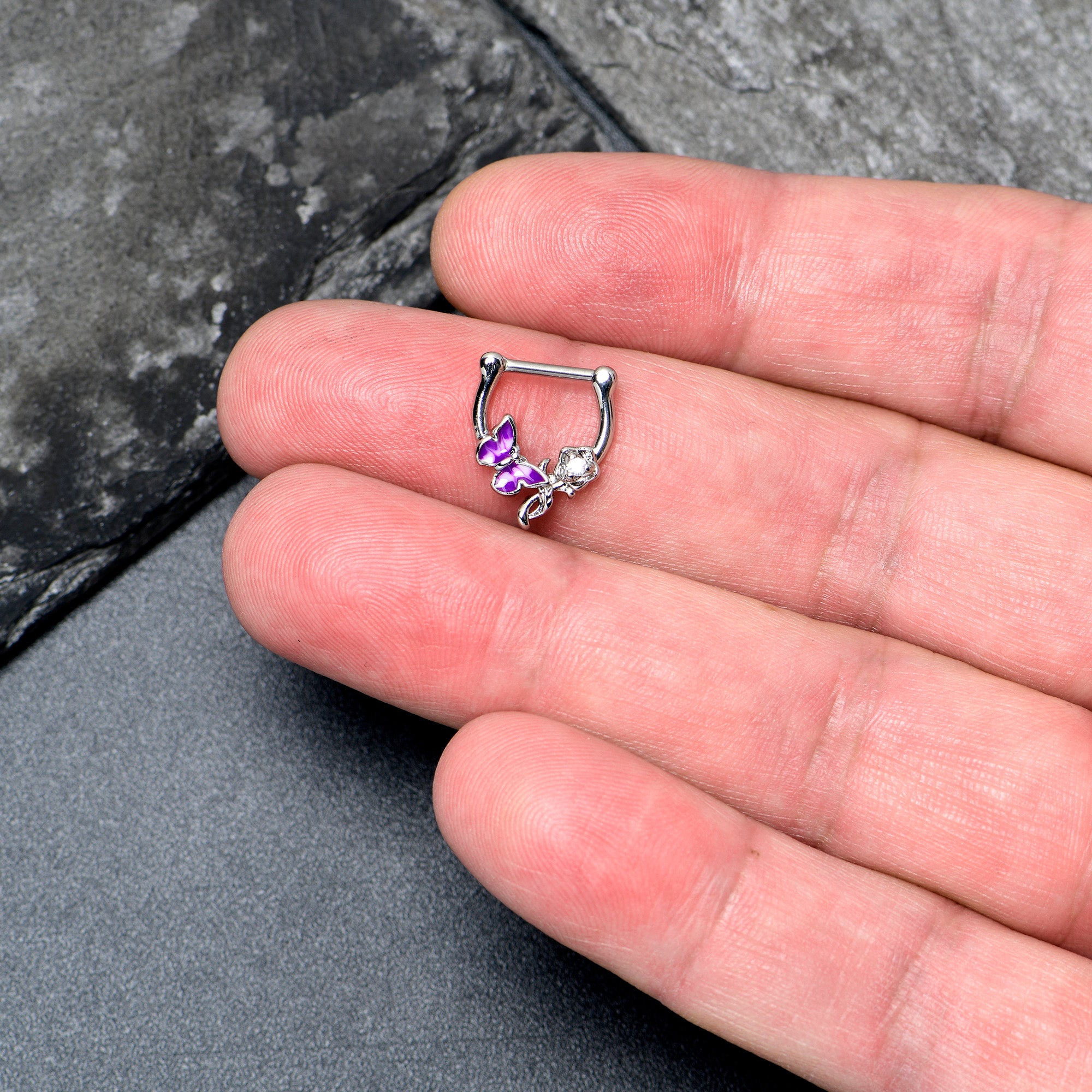 16G 5/6 Clear Gem Butterfly Rose Flower Purple Cartilage Clicker