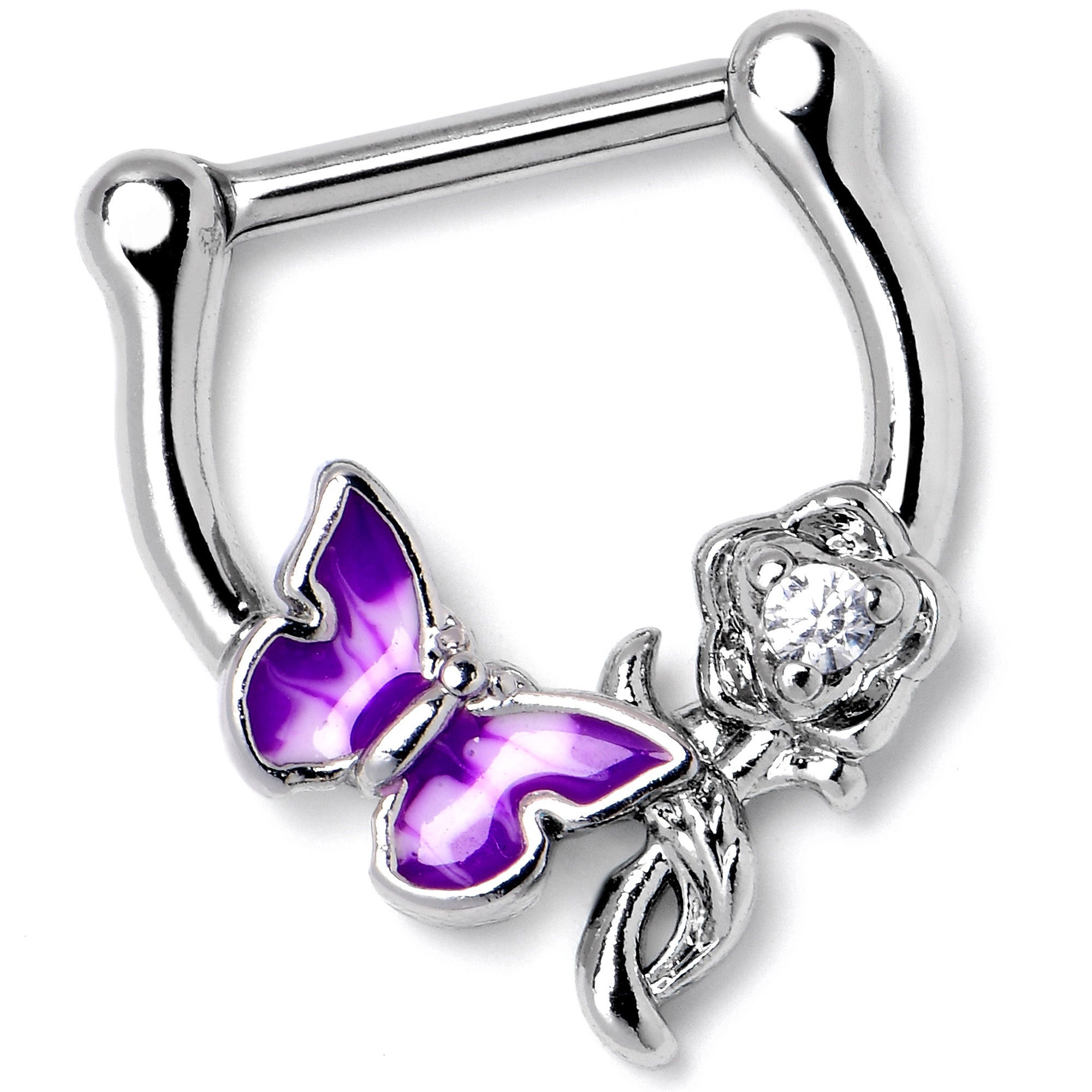 16G 5/6 Clear Gem Butterfly Rose Flower Purple Cartilage Clicker
