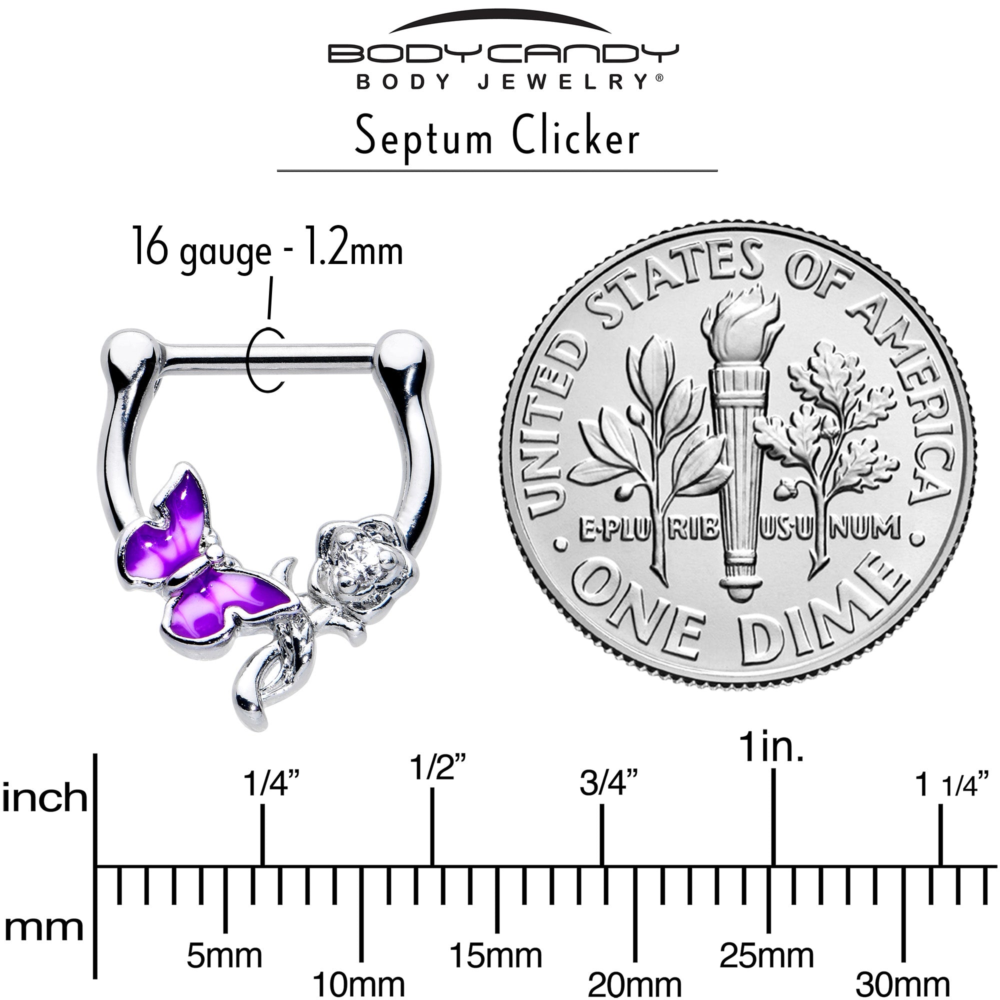 16G 5/6 Clear Gem Butterfly Rose Flower Purple Cartilage Clicker
