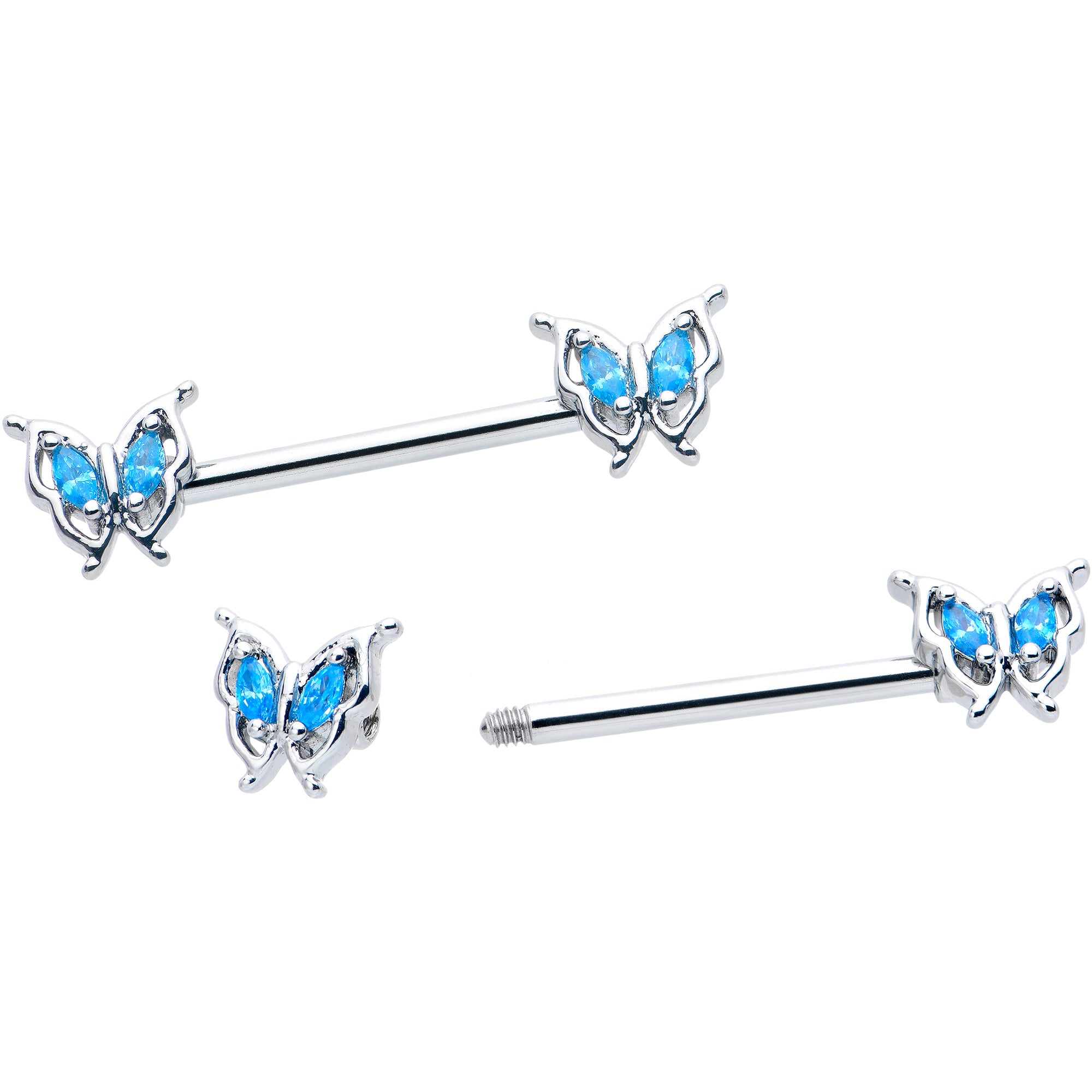 14G 9/16 Blue Gem Fancy Fab Butterfly Barbell Nipple Ring Set