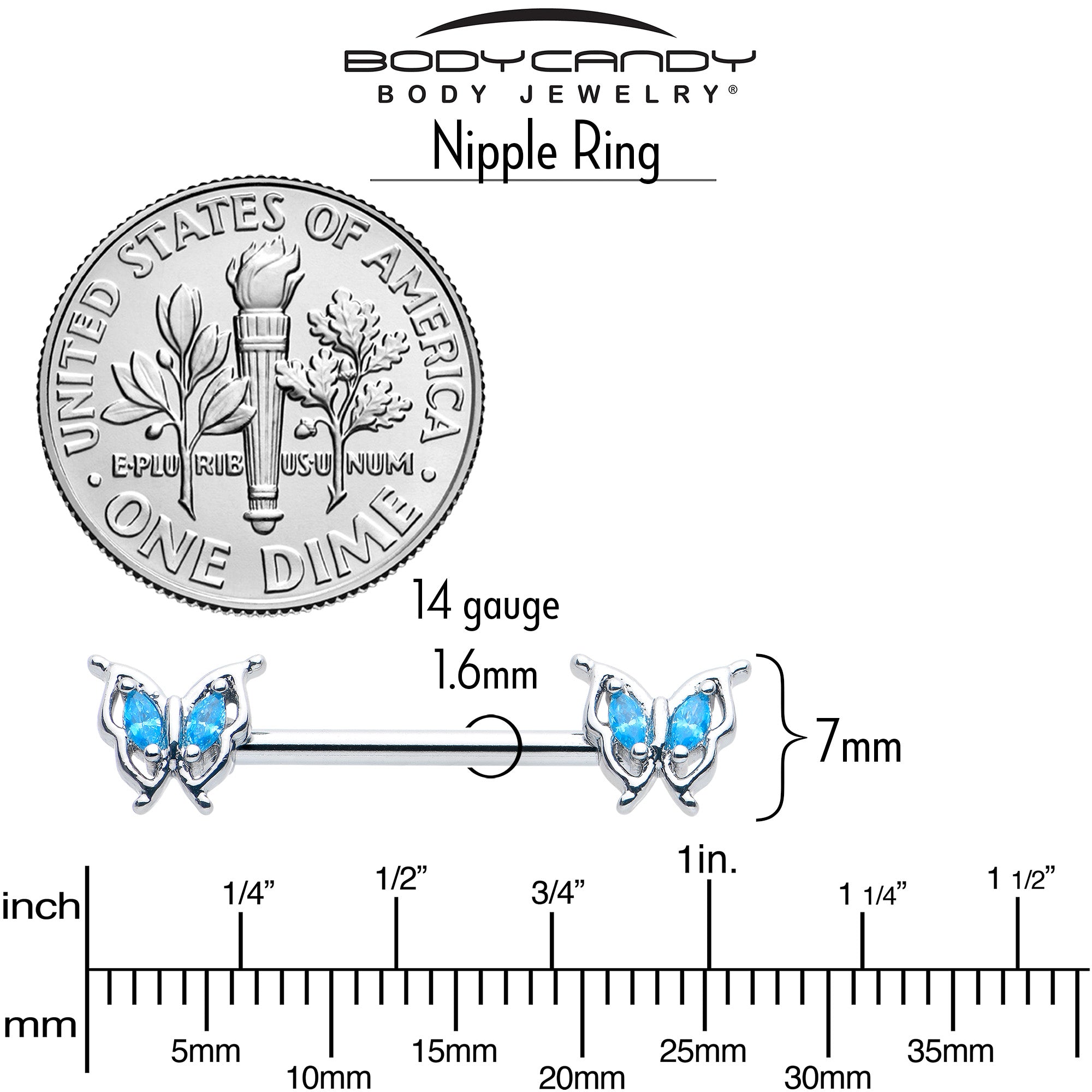 14G 9/16 Blue Gem Fancy Fab Butterfly Barbell Nipple Ring Set