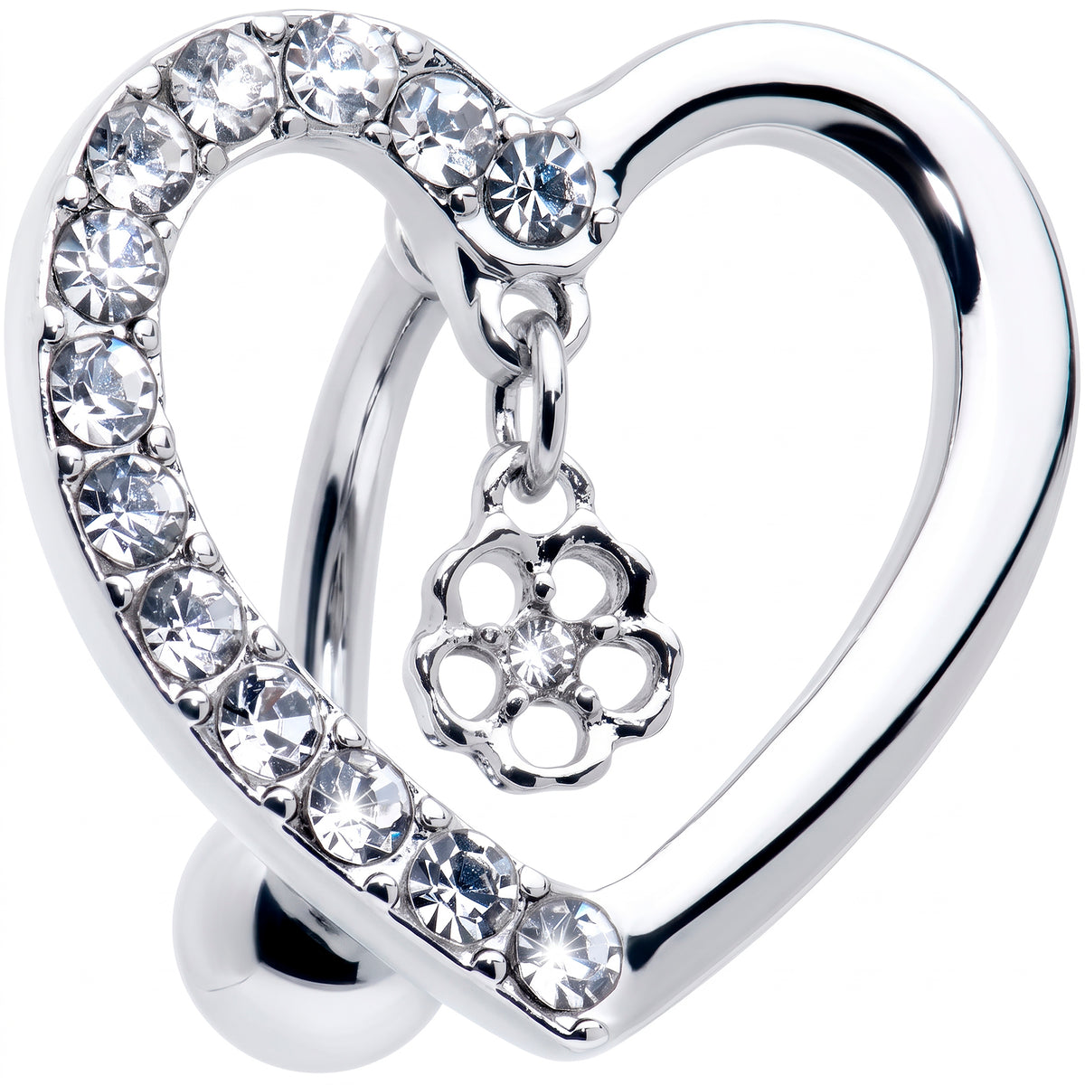 Clear CZ Gem Asymmetrical Heart Flower Dangle Top Mount Belly Ring