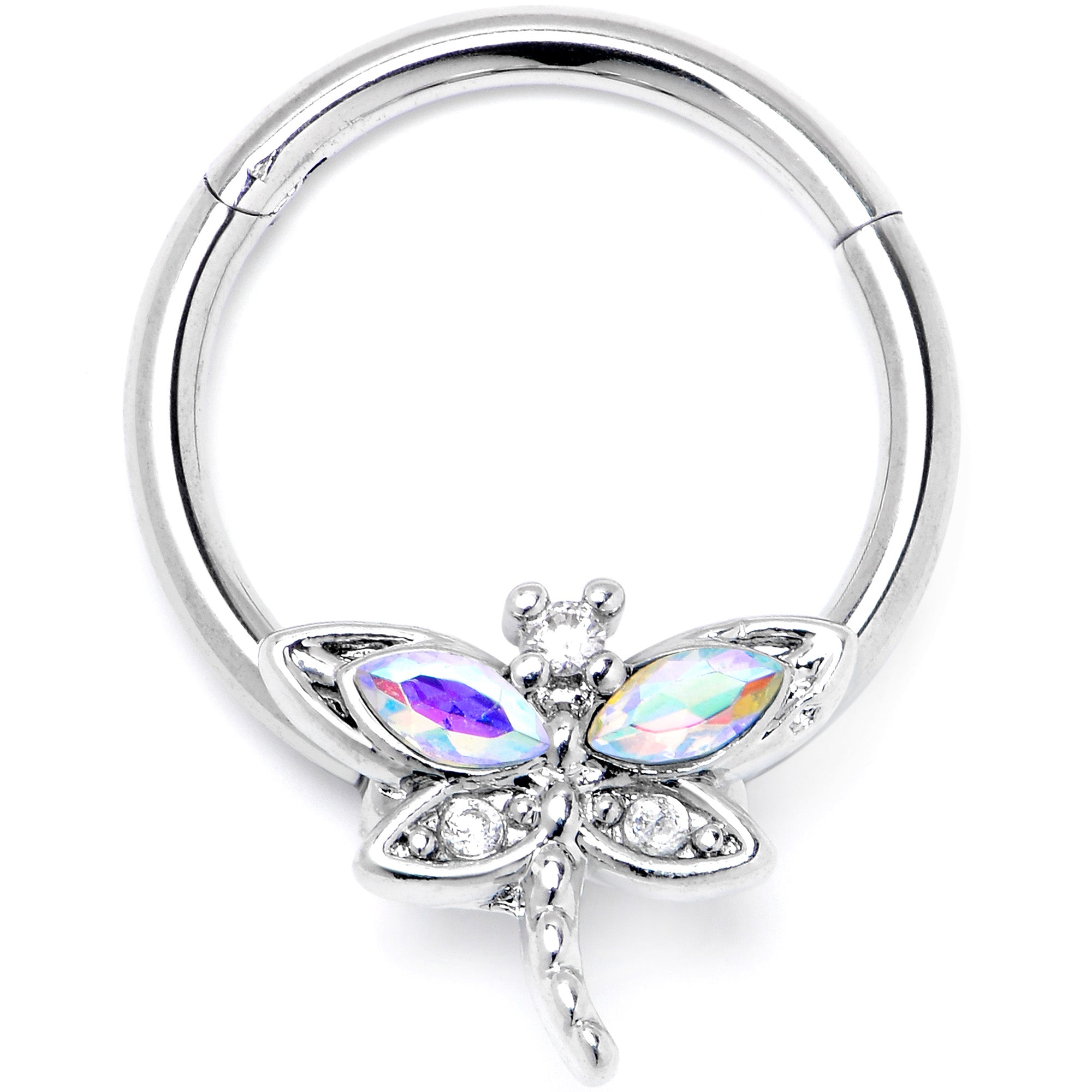 16G 3/8 Aurora CZ Gem Understated Dragonfly Hinged Segment Ring