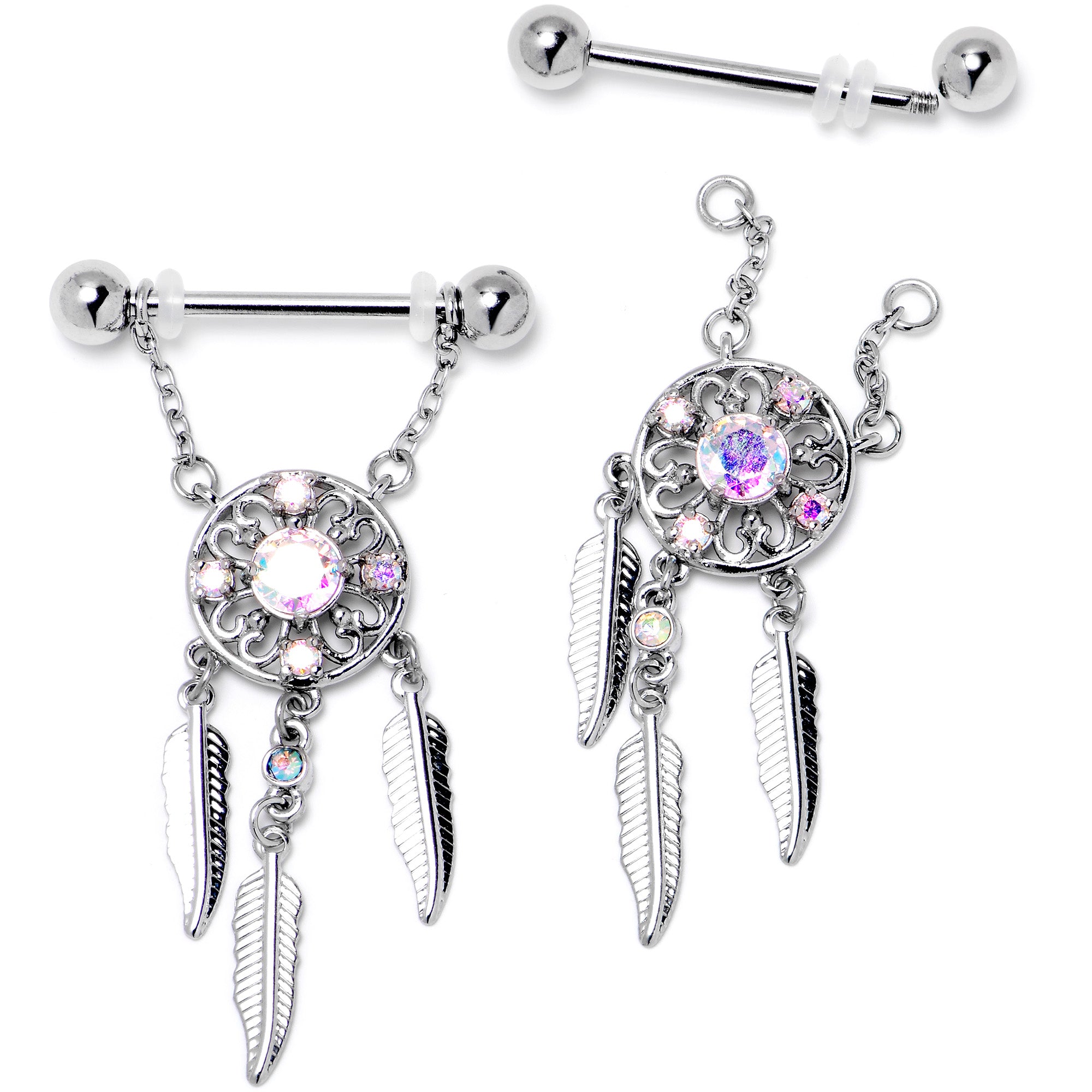 14G 9/16 Aurora CZ Gem Dreamcatcher Dangle Nipple Ring Set