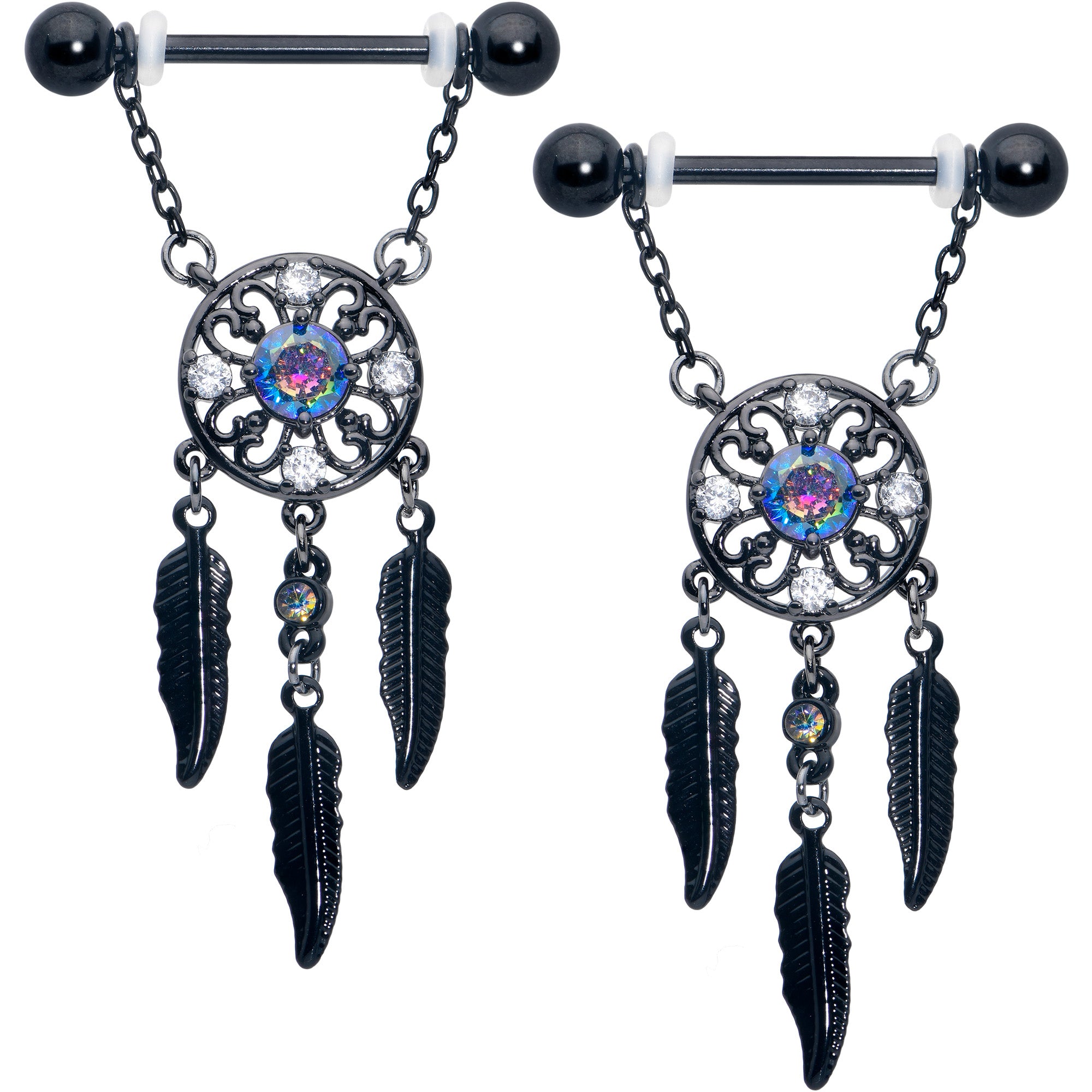14G 9/16 Aurora CZ Gem Black Dreamcatcher Dangle Nipple Ring Set
