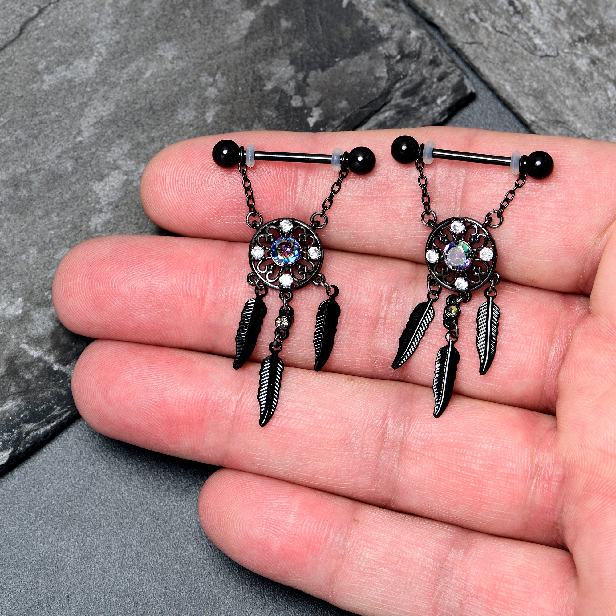 14G 9/16 Aurora CZ Gem Black Dreamcatcher Dangle Nipple Ring Set