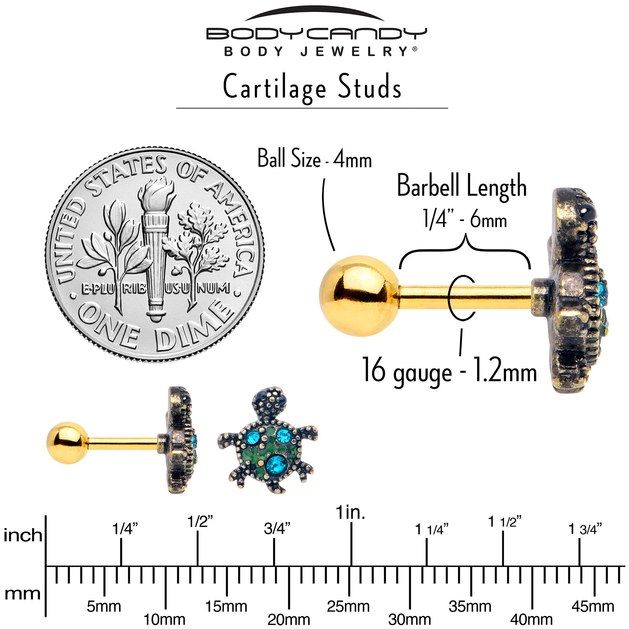 16G 1/4 Blue Gem Gold Hue Sweet Sea Turtle Cartilage Tragus Earring