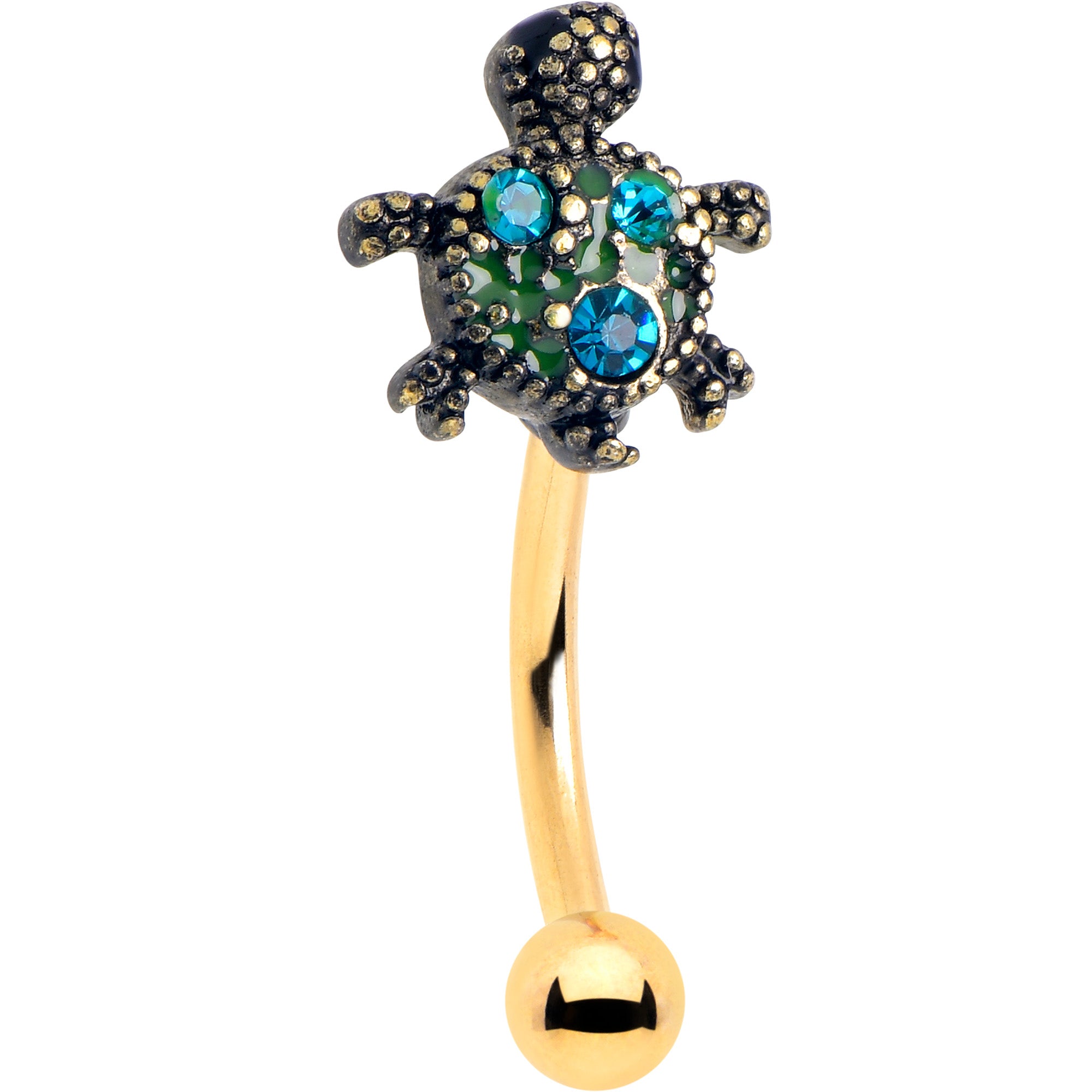 16G 5/16 Blue Gem Gold Tone Sweet Sea Turtle Curved Eyebrow Ring
