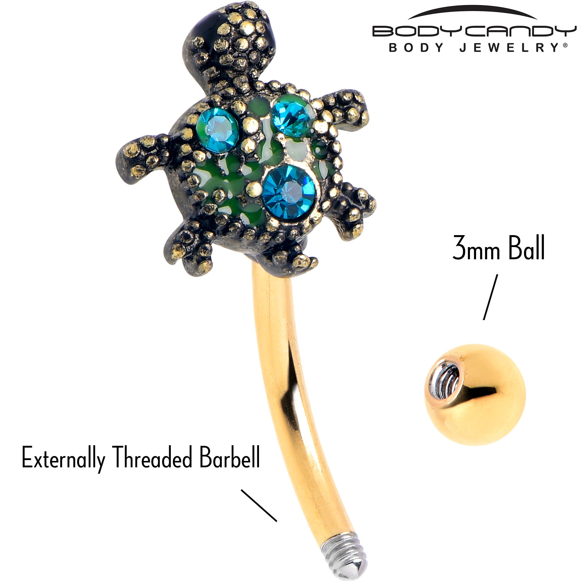 16G 5/16 Blue Gem Gold Tone Sweet Sea Turtle Curved Eyebrow Ring