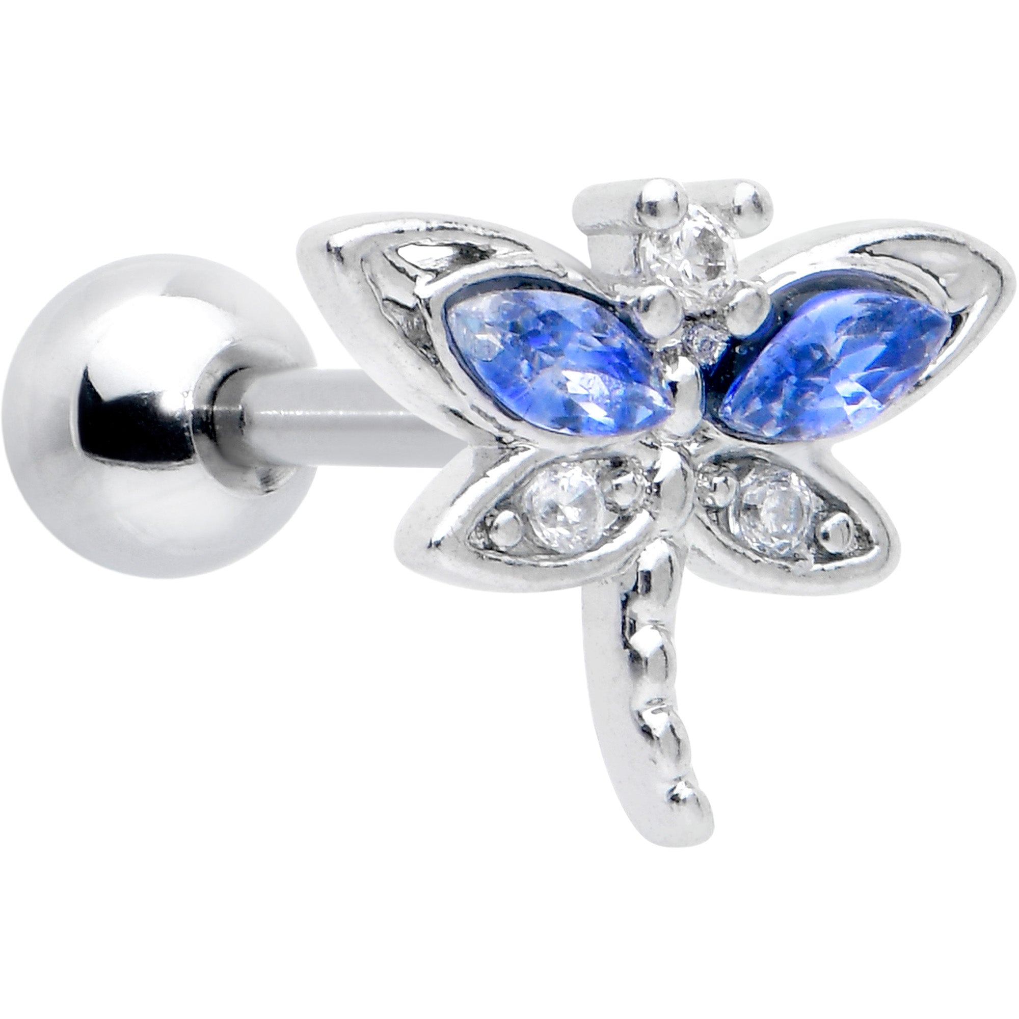 16G 1/4 Blue CZ Gem Dragonfly Style Cartilage Tragus Earring