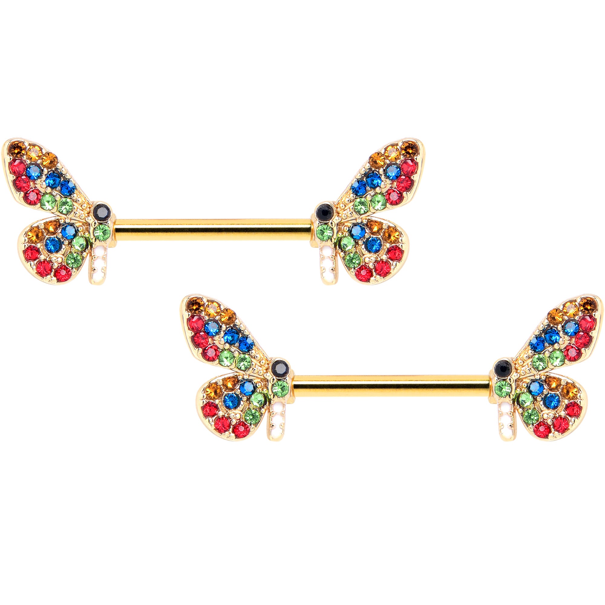 14G 9/16 Red Blue Gem Gold Tone Butterfly Barbell Nipple Ring Set
