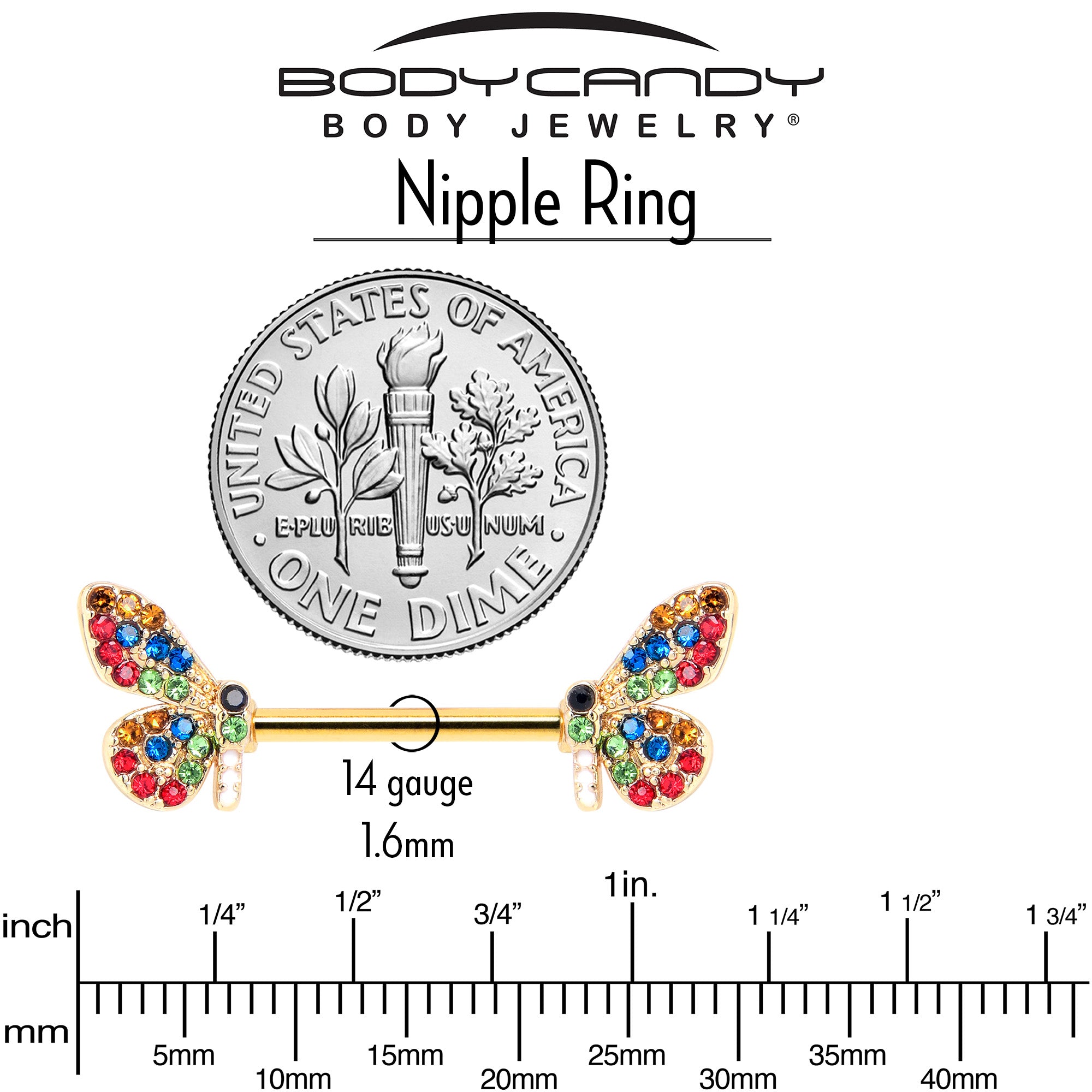 14 Gauge 9/16 Red Blue Gem Gold Tone Butterfly Barbell Nipple Ring Set