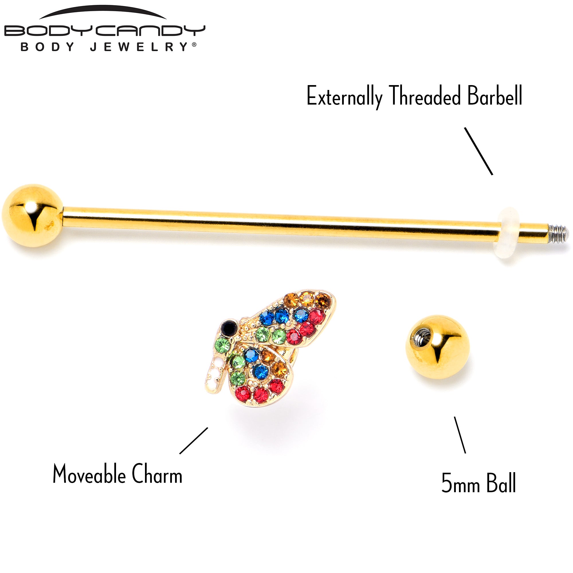 14G Red Blue Gem Gold Tone Butterfly Industrial Barbell 38mm