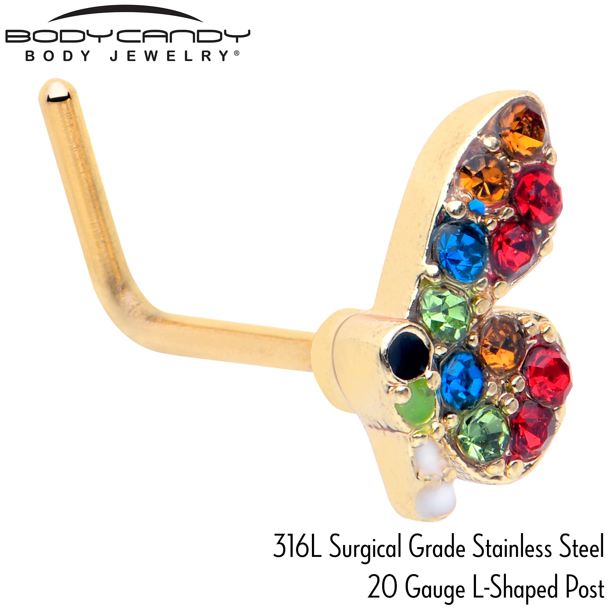 20G 7mm Red Blue Gem Gold Tone Butterfly L Shape Nose Ring