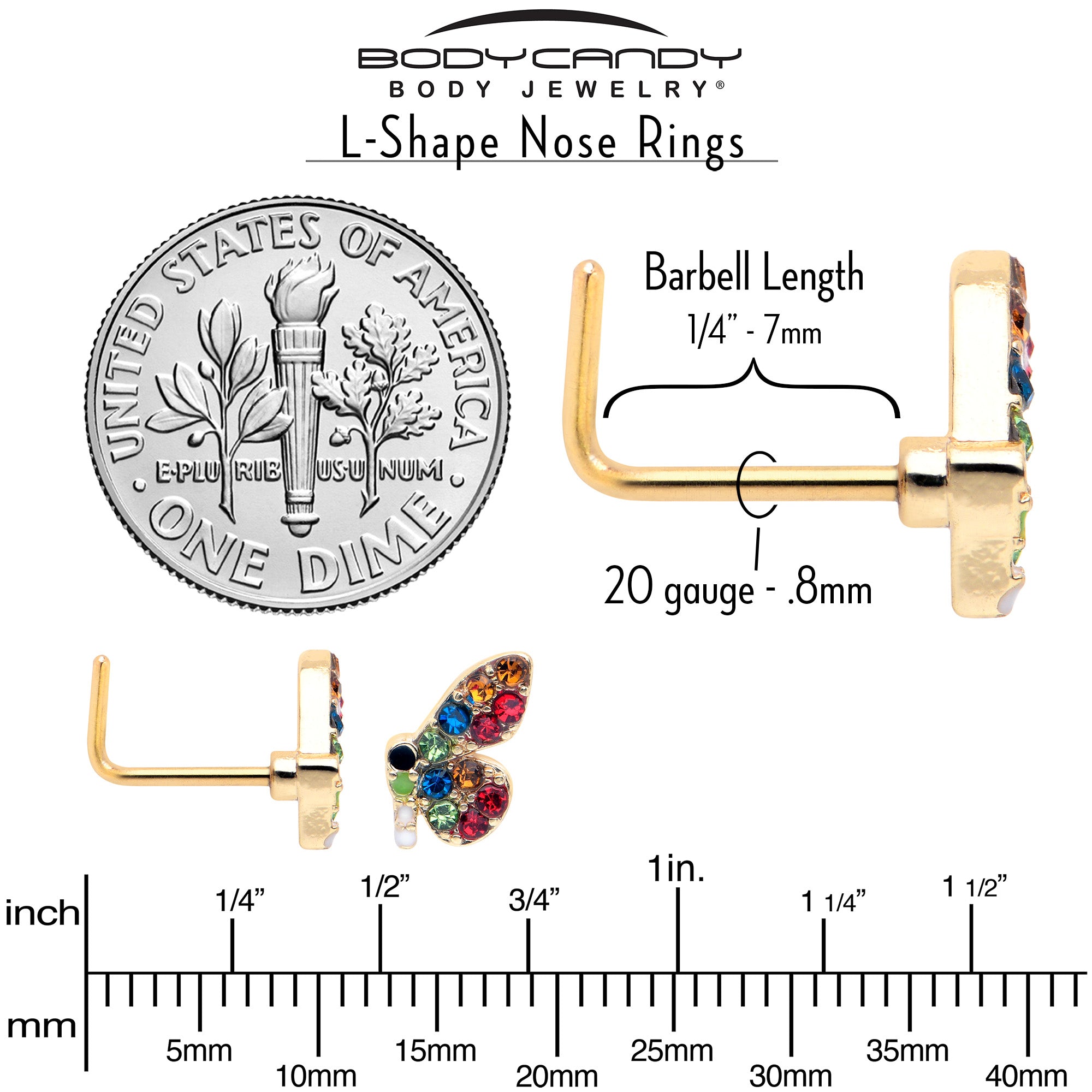 20G 7mm Red Blue Gem Gold Tone Butterfly L Shape Nose Ring