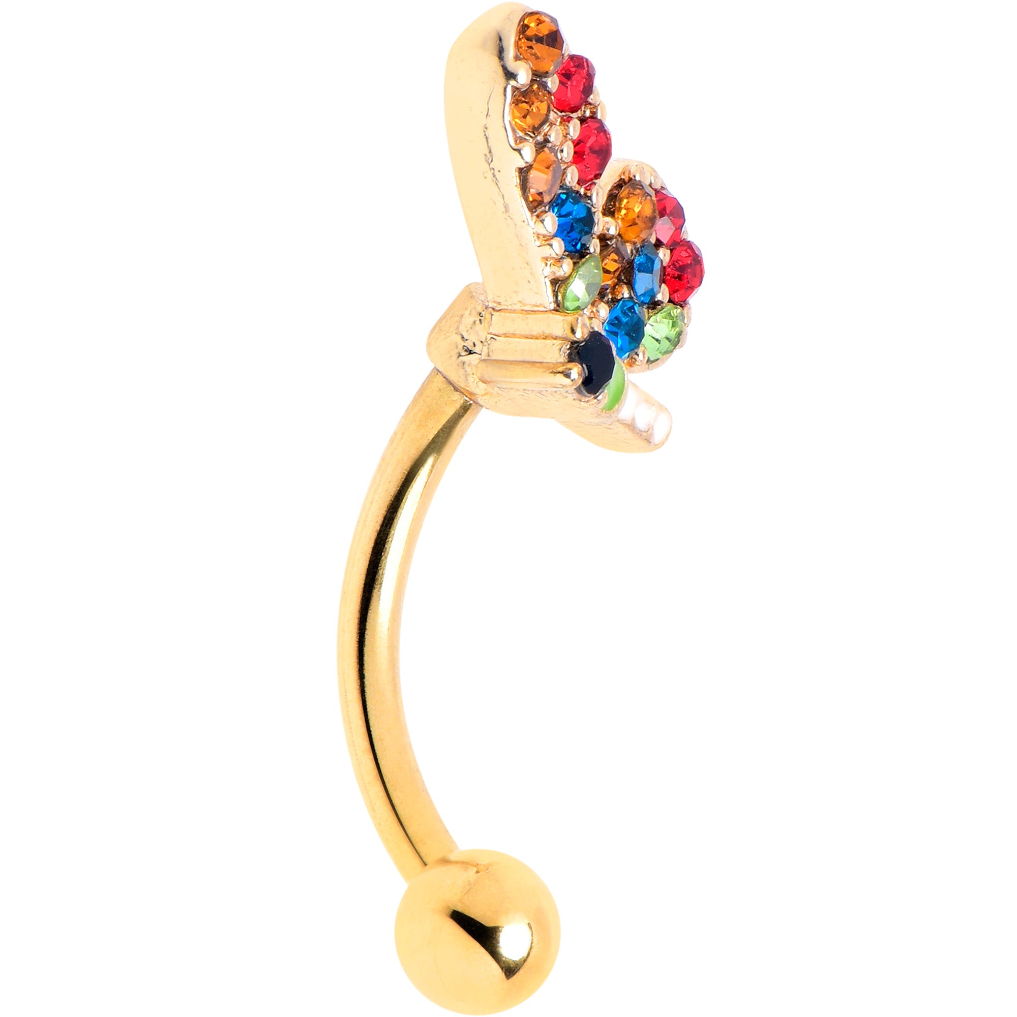 16G 5/16 Red Blue Gem Gold Tone Butterfly Curved Eyebrow Ring