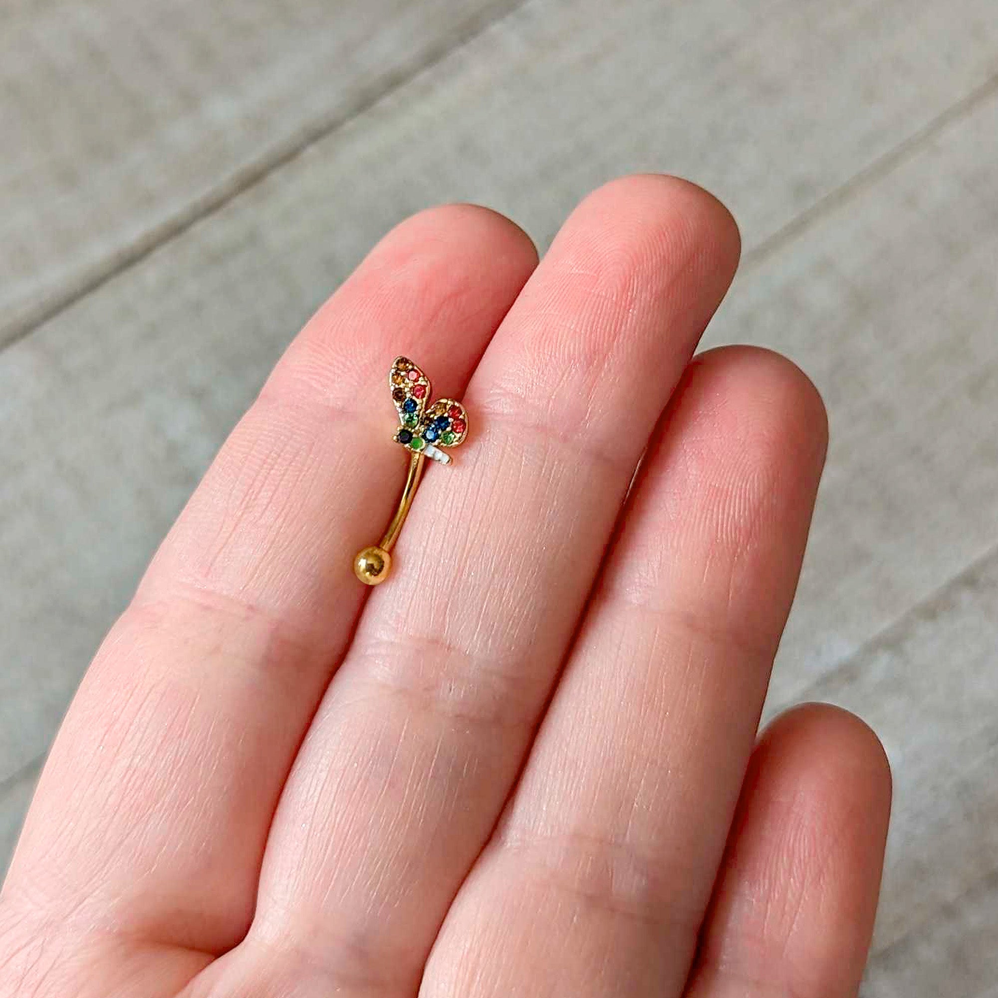 16G 5/16 Red Blue Gem Gold Tone Butterfly Curved Eyebrow Ring