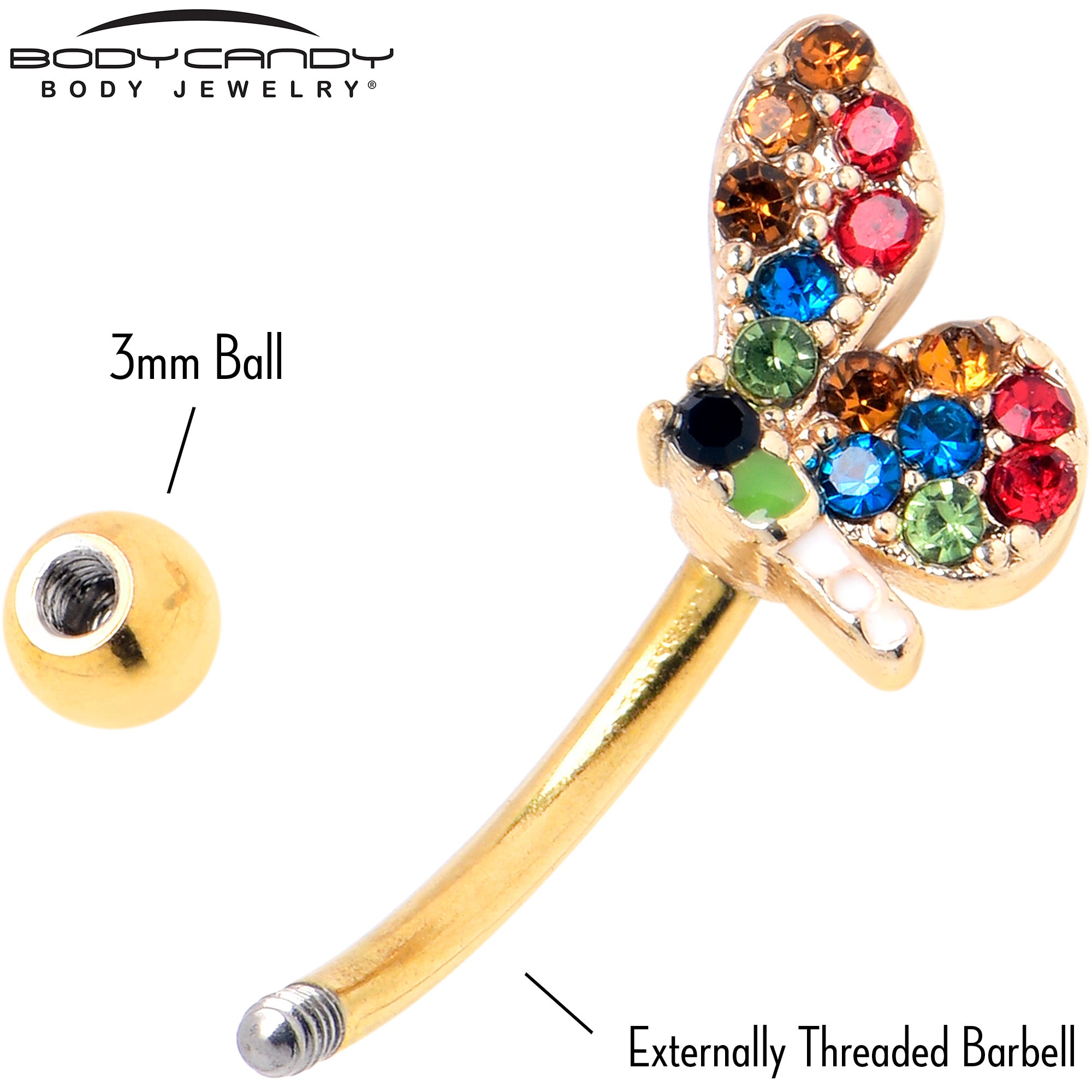 16G 5/16 Red Blue Gem Gold Tone Butterfly Curved Eyebrow Ring