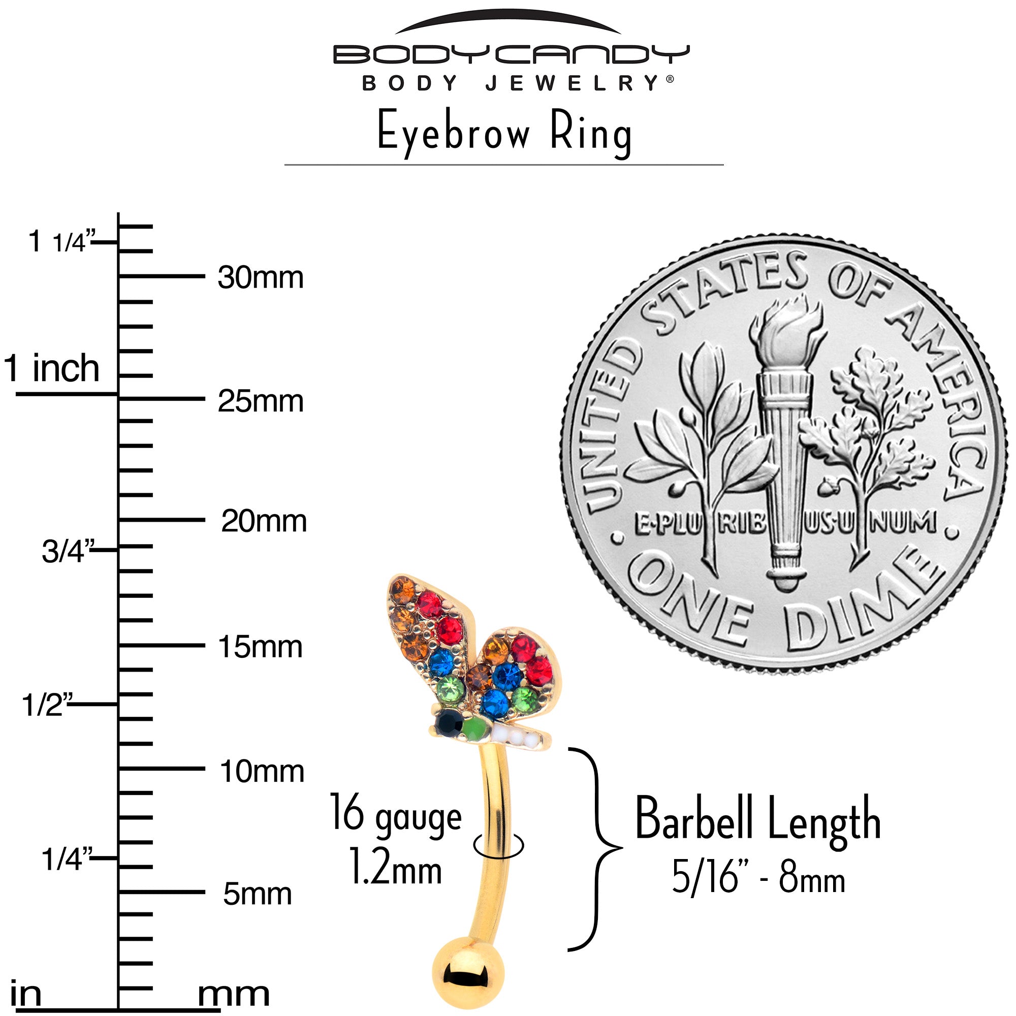 16G 5/16 Red Blue Gem Gold Tone Butterfly Curved Eyebrow Ring