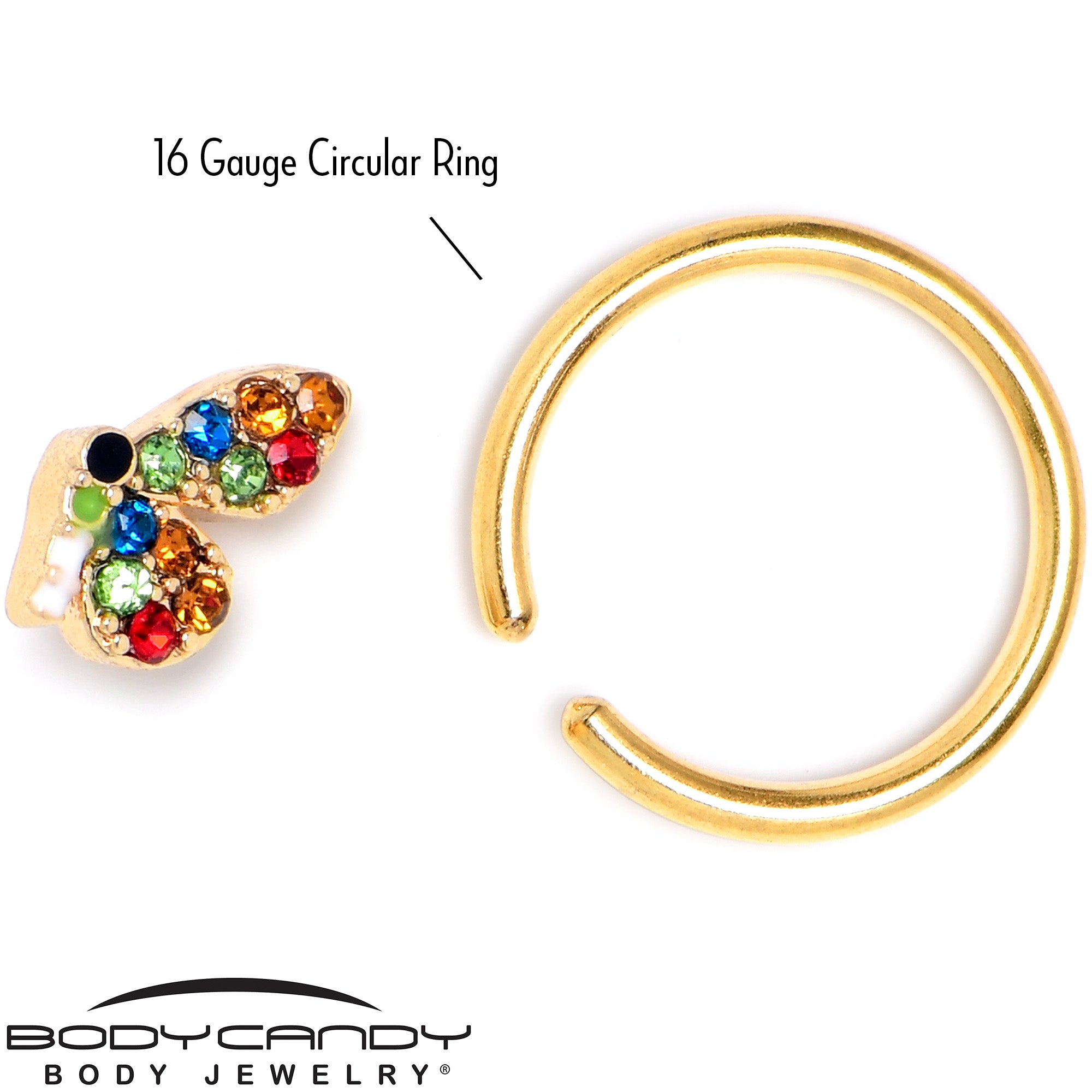 16G 3/8 Red Blue Gem Gold Tone Butterfly BCR Captive Ring