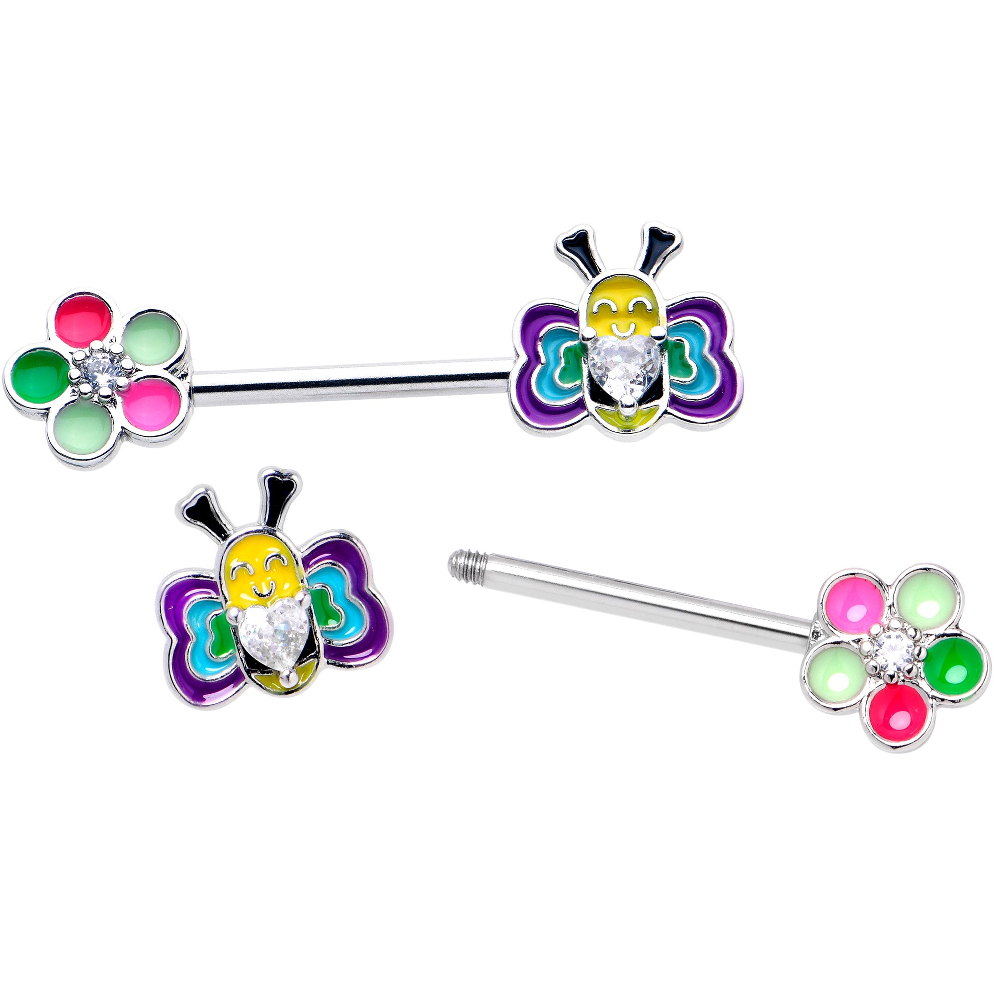 14G 9/16 Clear CZ Gem Butterfly Love Bug Barbell Nipple Ring Set