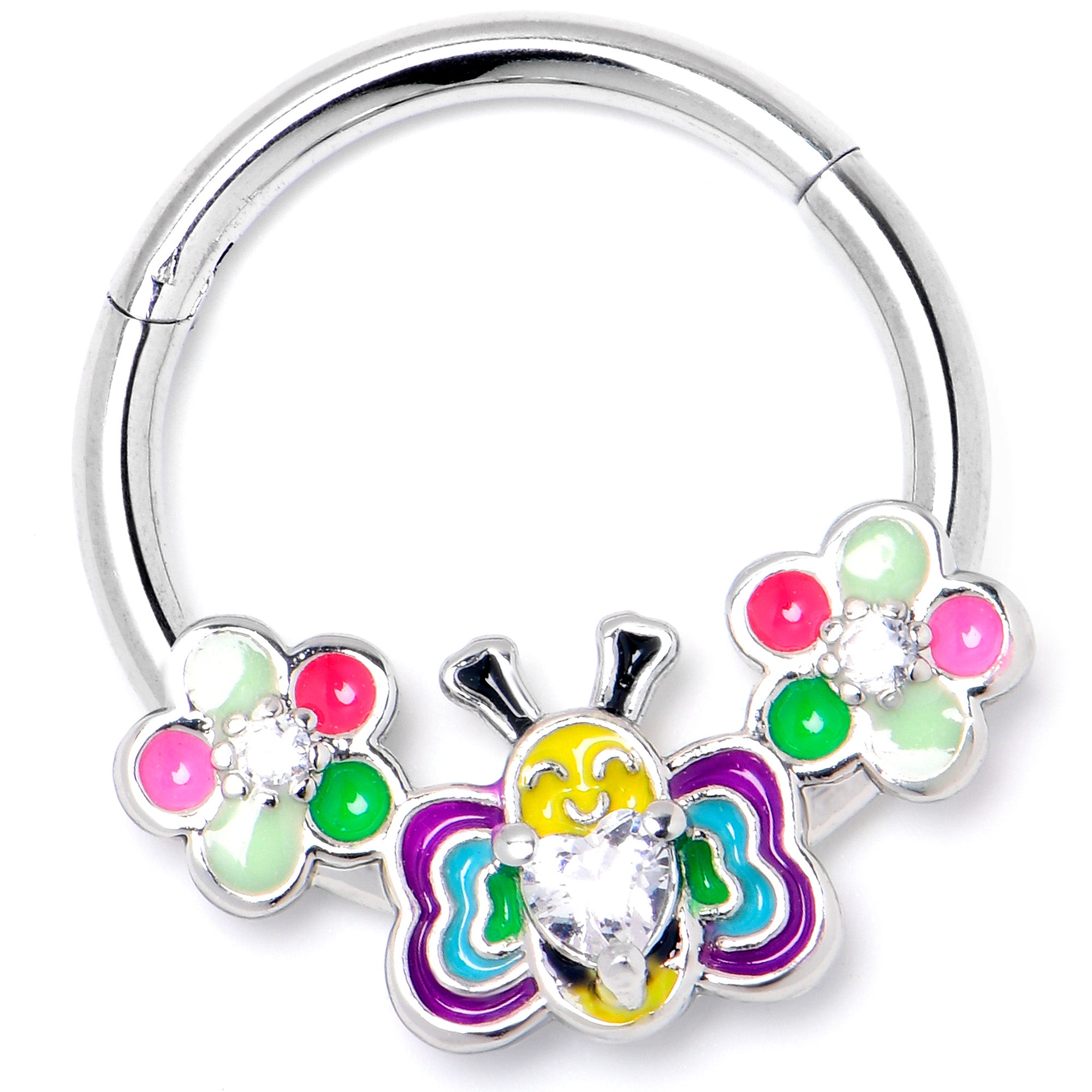 16G 3/8 Clear CZ Gem Butterfly Love Bug Hinged Segment Ring