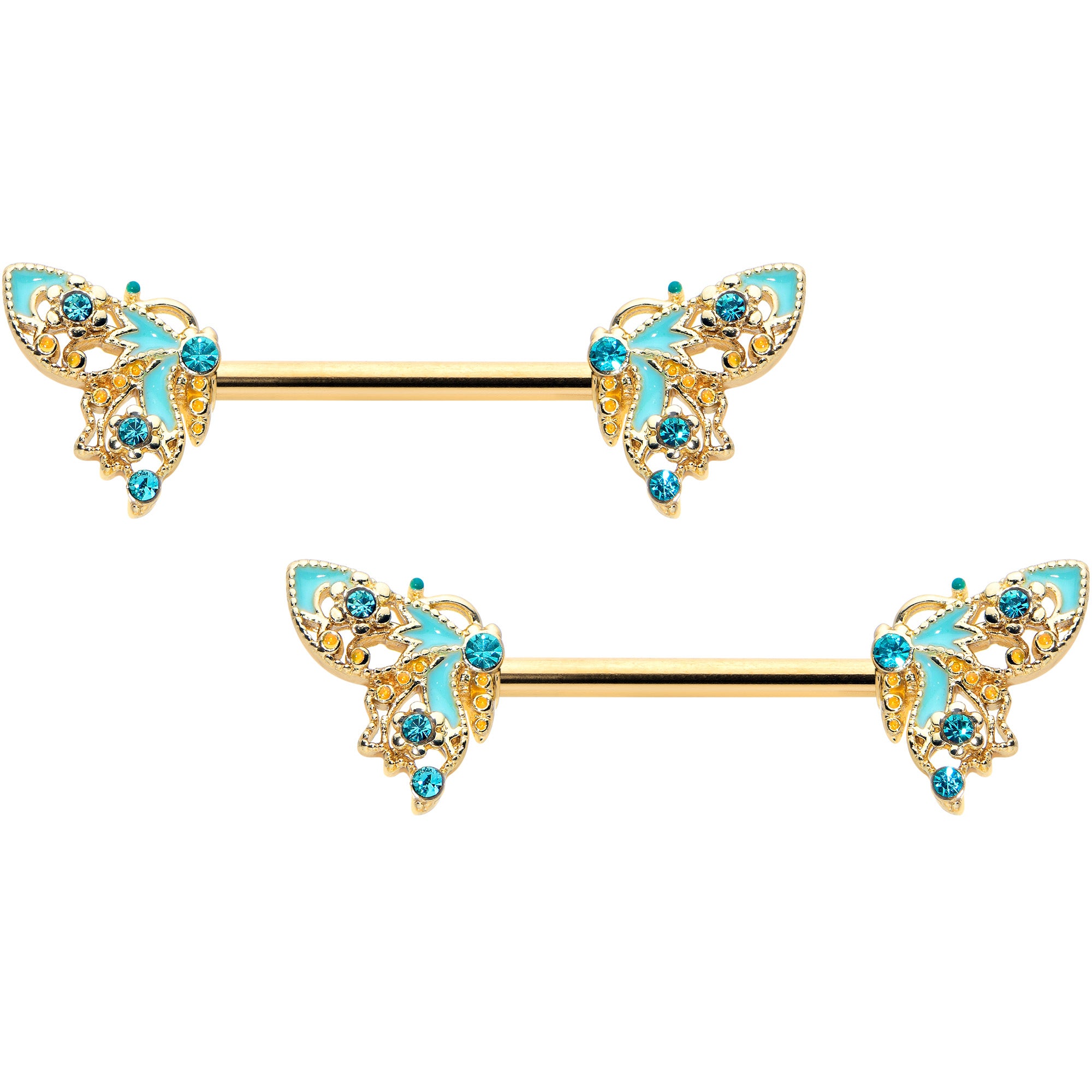14G 9/16 Blue Gem Gold Hue Ribbon Butterfly Barbell Nipple Ring Set