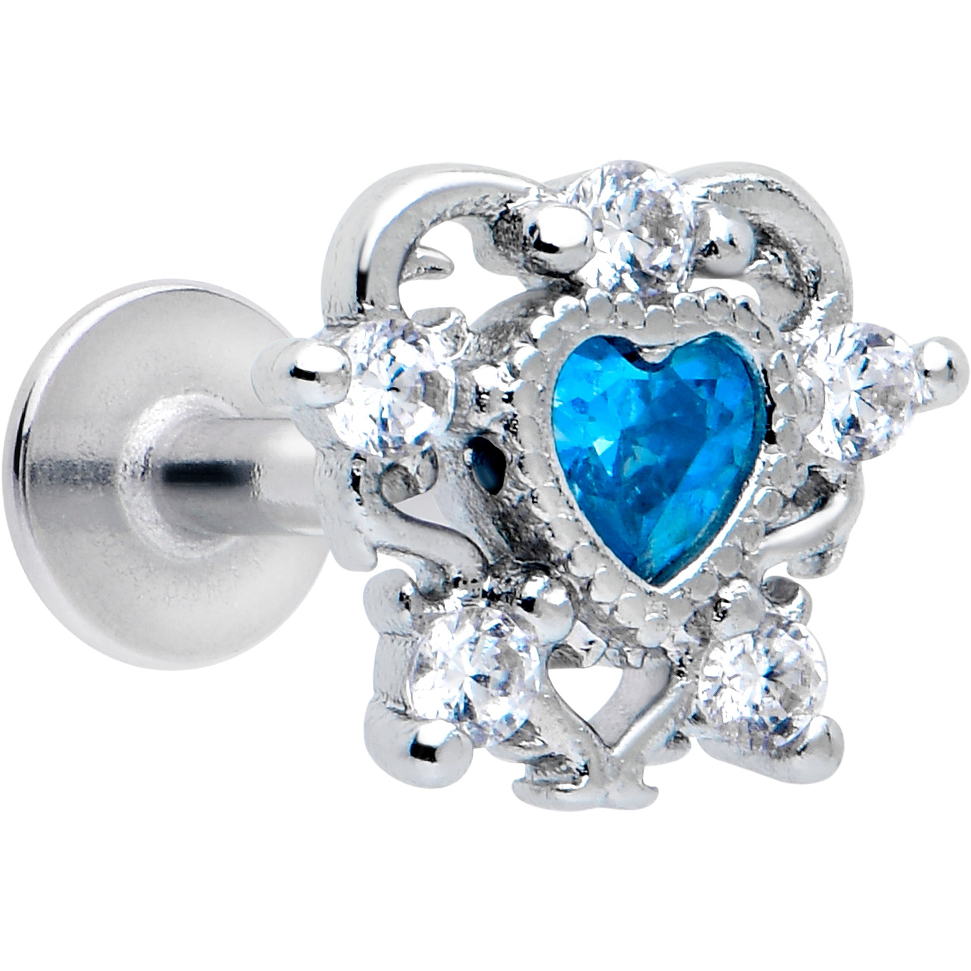 16 Gauge Blue Clear CZ Gem Heart Flat Back Earring Pair