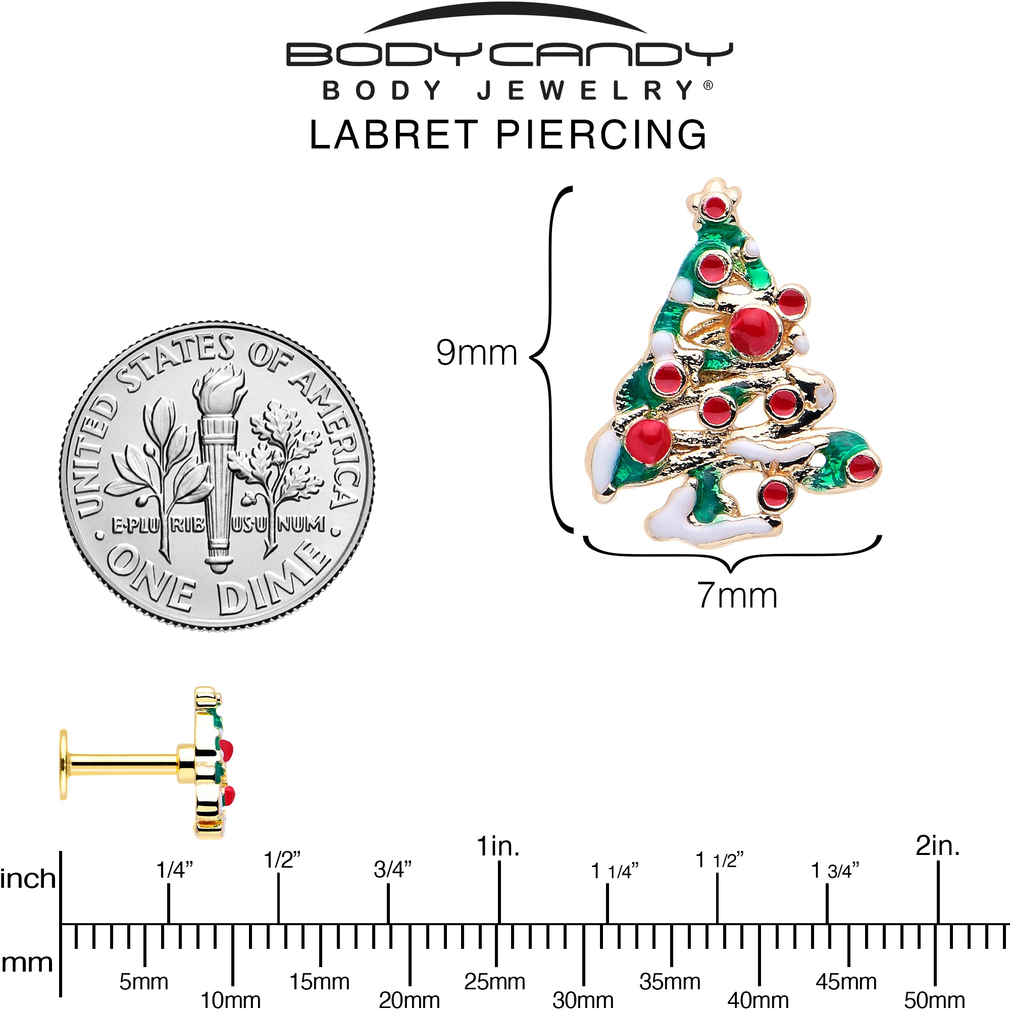 Snowy Christmas Tree Labret Monroe Tragus Gold Tone Piercing