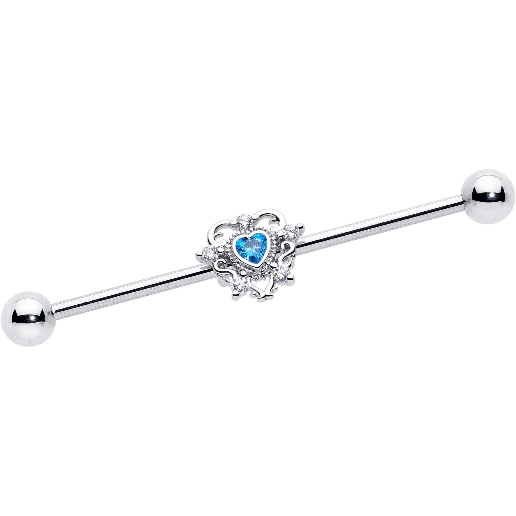 14 Gauge Blue Clear CZ Gem Heart Industrial Barbell 38mm