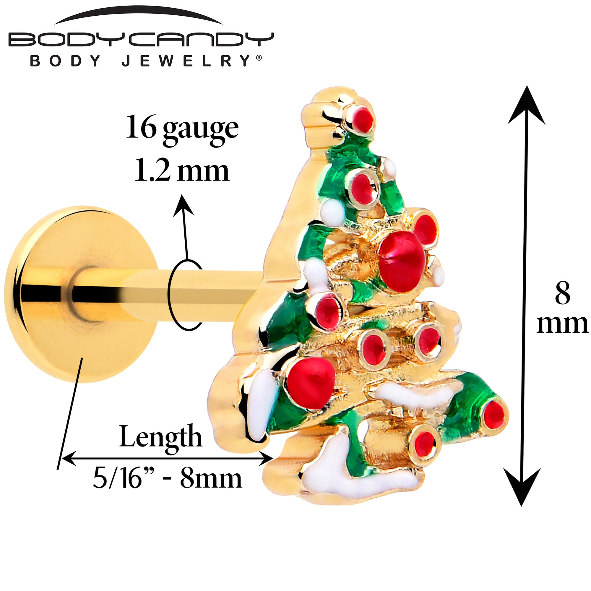 Gold tone snowy Christmas tree labret 16G 5 16 red gem tragus piercing