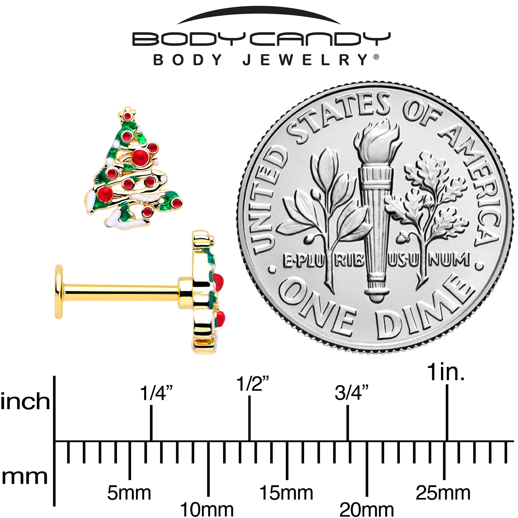 Festive red gem Christmas tree labret Monroe tragus 16G gold tone